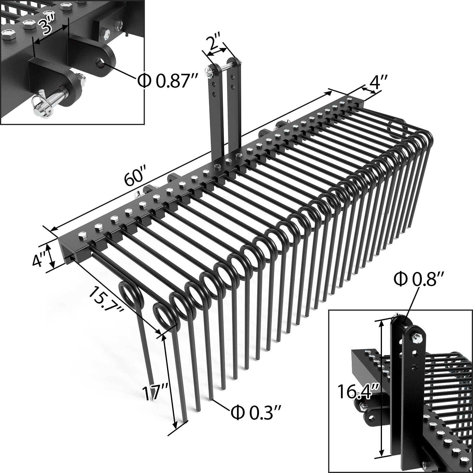 60″3-Point Tractor Rake,Durable Powder Coated Steel Spring Landscape Rake,Cat0&1