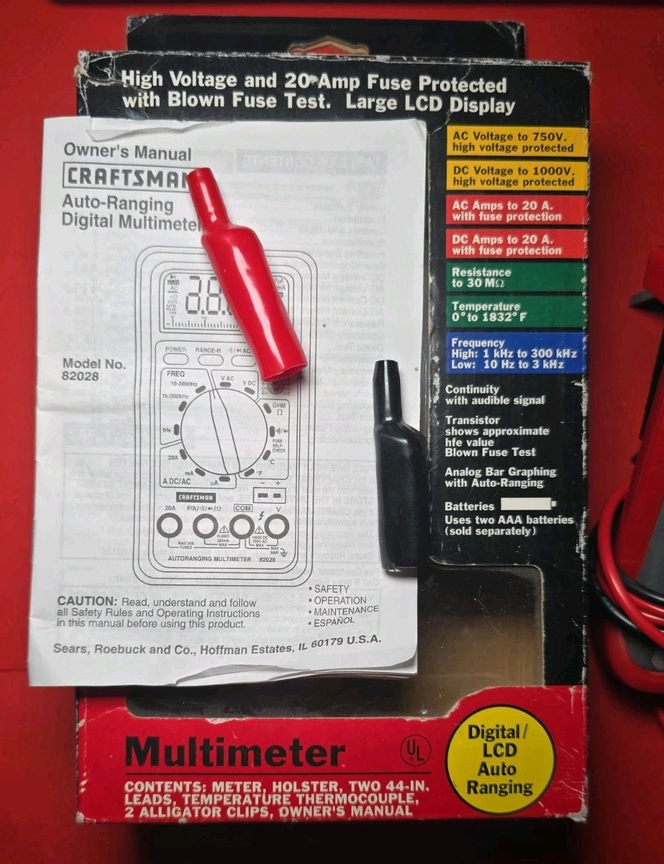 Craftsman 82028 Digital Multimeter Auto-Ranging CAT III 600V 20A