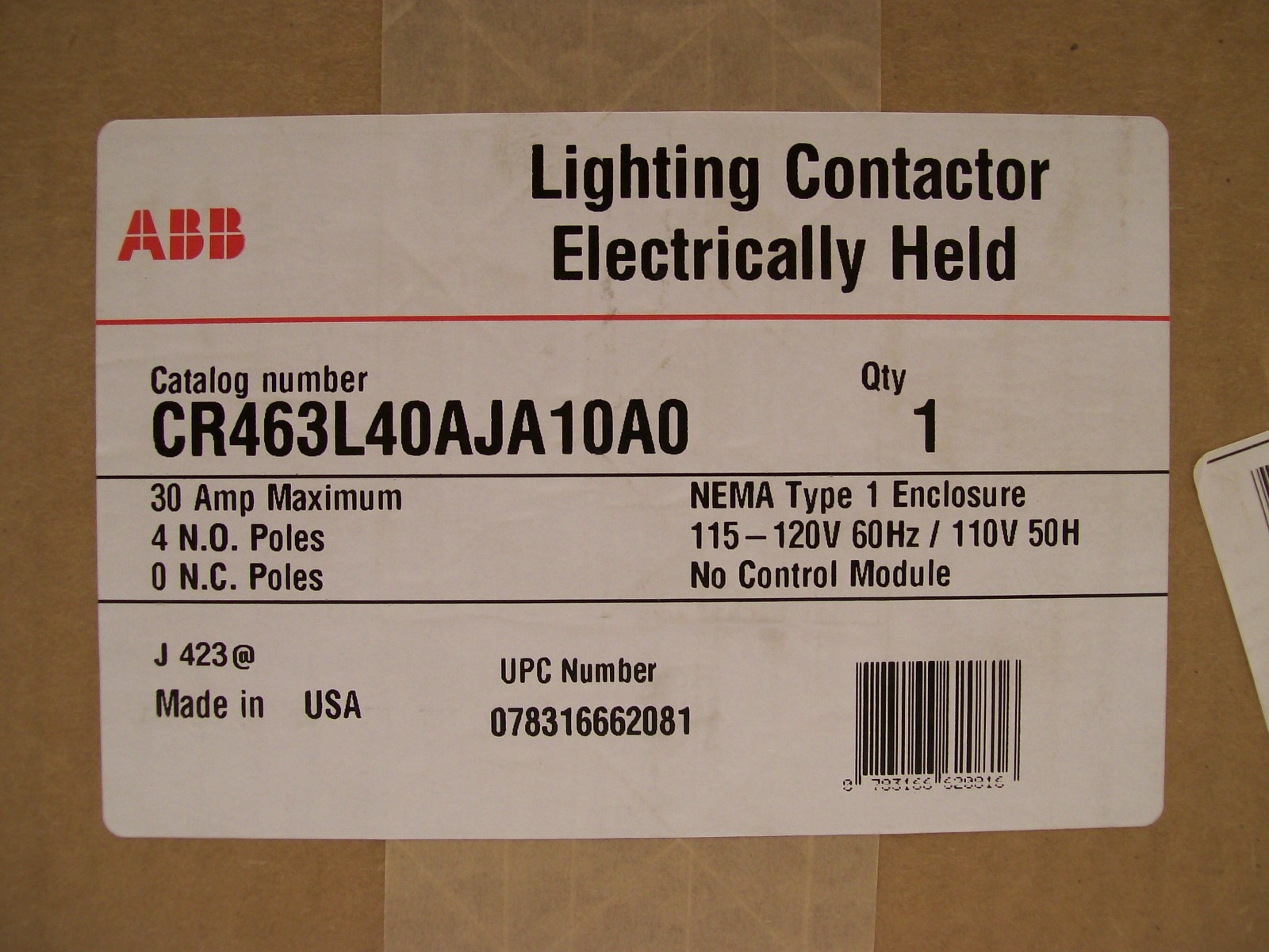 UNOPENED ABB ( GE ) #CR463L40AJA10A0 Electrically Held Lighting Contactor 30A 4P