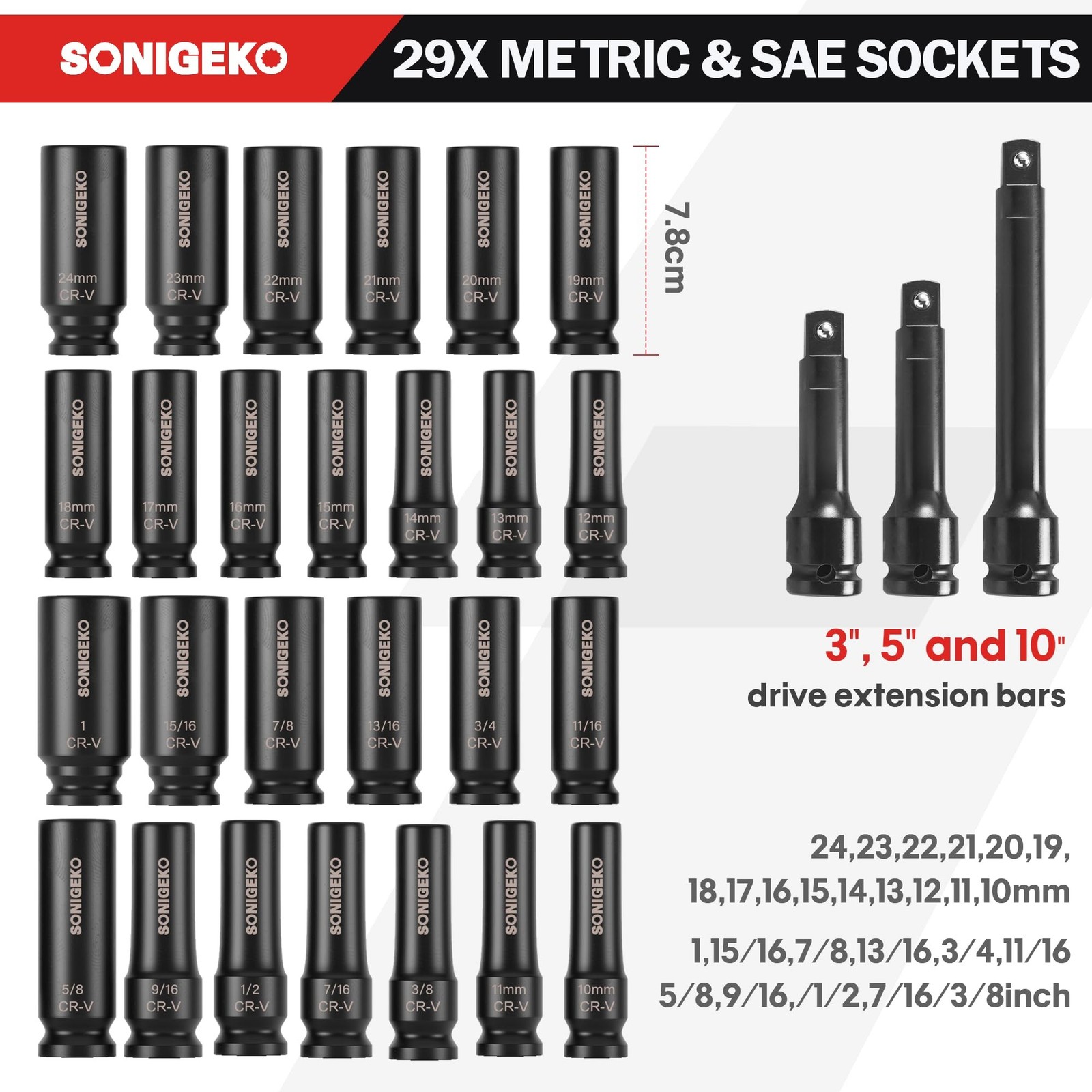 29-Piece 1/2″ Drive Impact Sockets Set, 6 Point Deep Standard SAE and Metric …