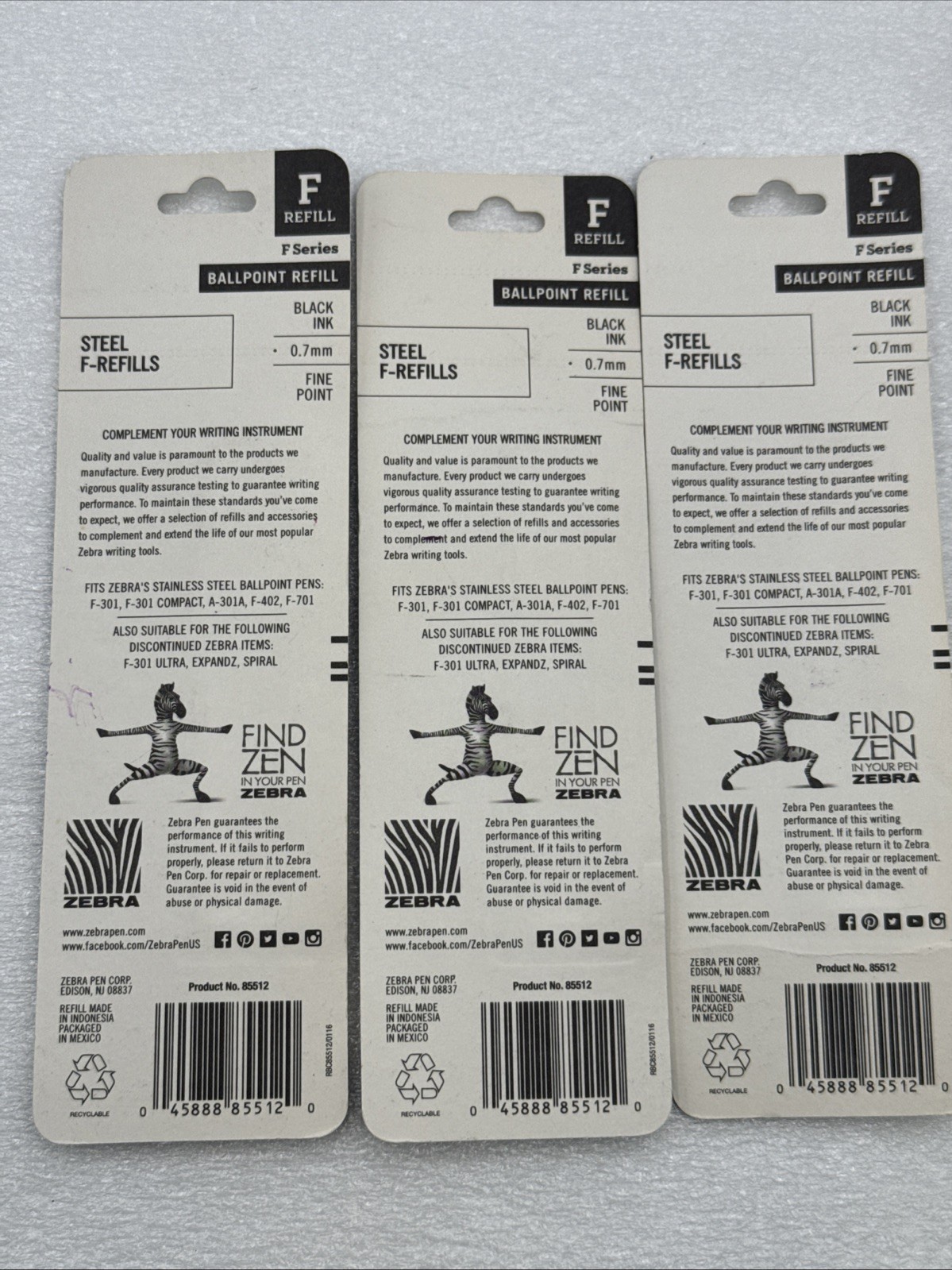Lot 3 Packs (6 Total) Zebra Steel F-Refills Ballpoint Pens Black Ink .7mm FINE