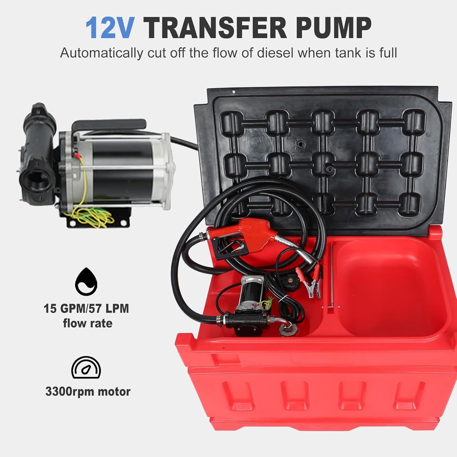 Portable 48 Gallon Gasoline Tank 15 GPM/57 LPM 12V Electric Transfer Pump Red
