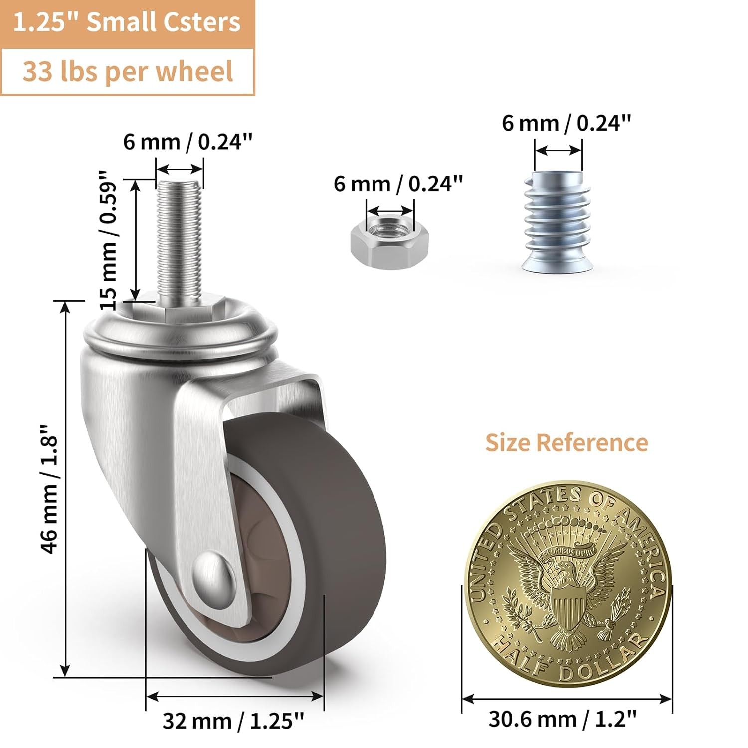 4pc 1.25″ M6 Threaded Stem Caster Wheels Swivel TPR Rubber Silent Furniture 1.25