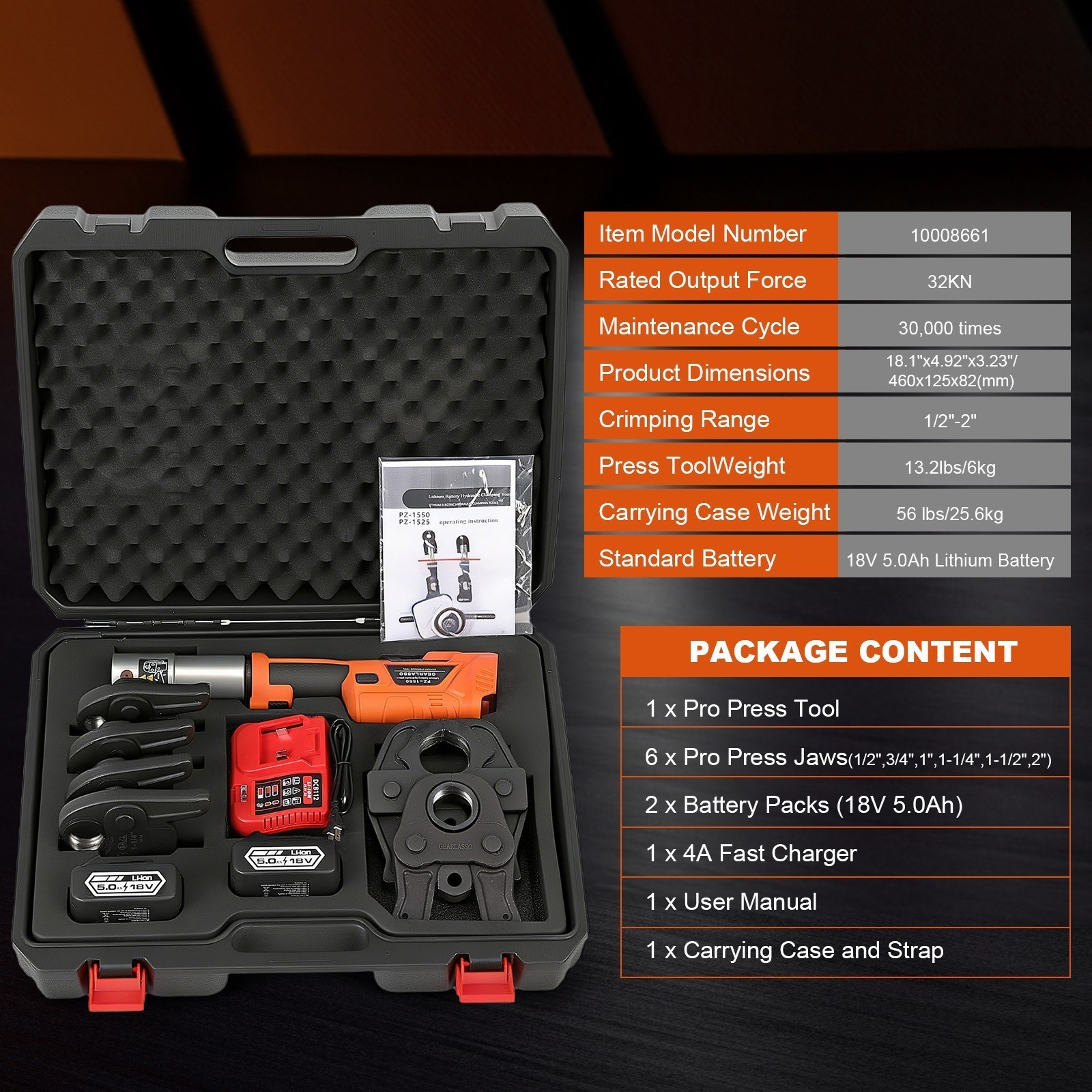 1/2″ -2″ Pro Press Tool Pipe Crimping Kit Press Tool Battery Kits with 6 Jaws