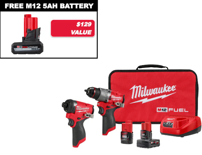 Milwaukee 3497-22x5Ah M12 FUEL 2-PC Combo Kit w/ Extra 5Ah Battery