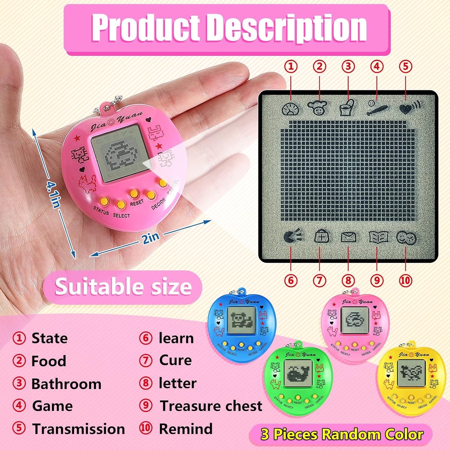 Virtual Electronic Pet Keychain 3Pk Mini Digital Pet Toy Set Classic 3 Color