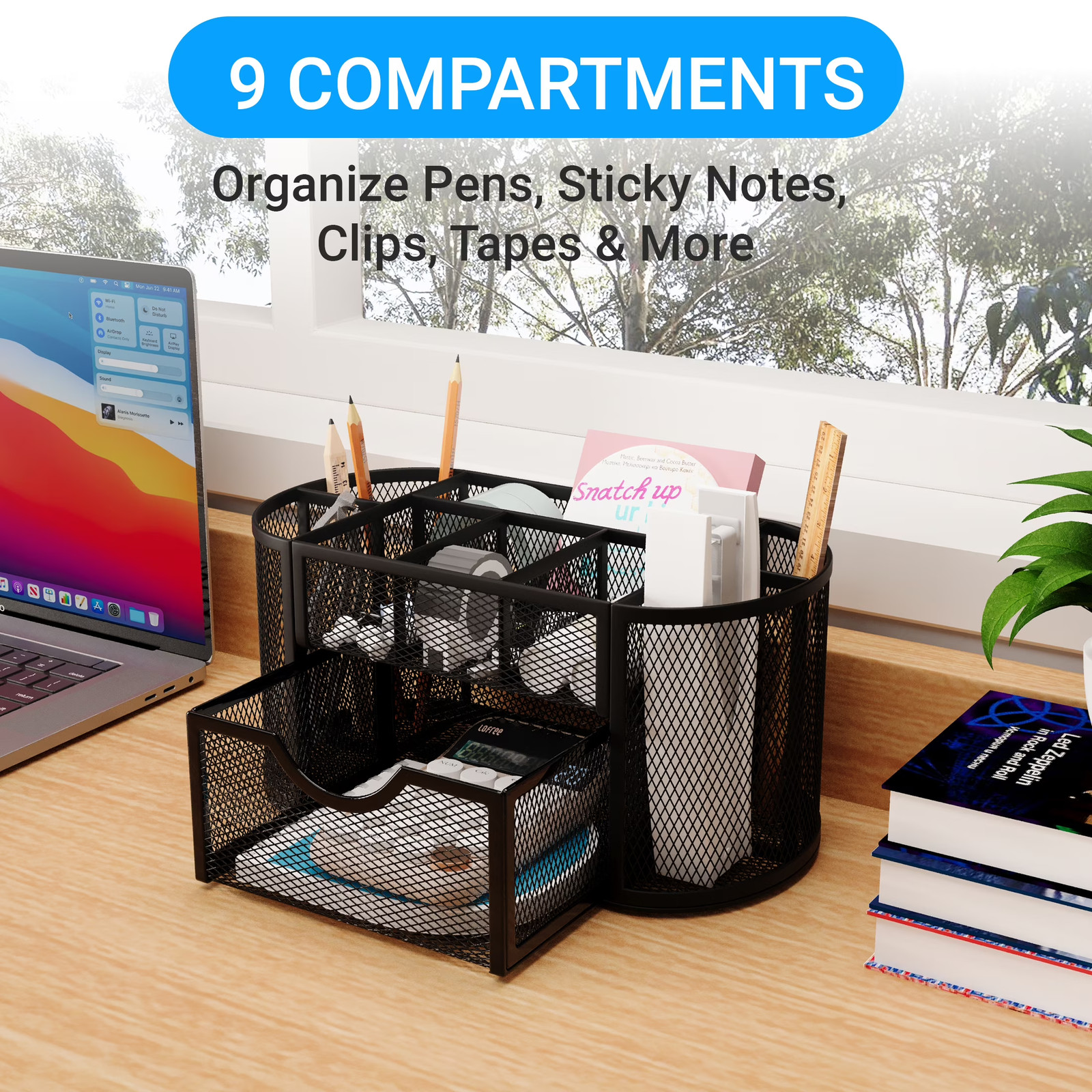 GARITIN Mesh Desk Organizer Pen Holder with Drawers Pencil Holder Office Black