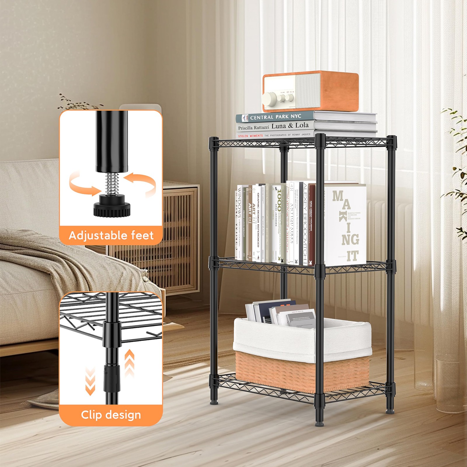 M MZG 3 Tiers Shelf Metal Storage 3 Tiers, 11.8″D x 17.7″W x 28.8″H, Black