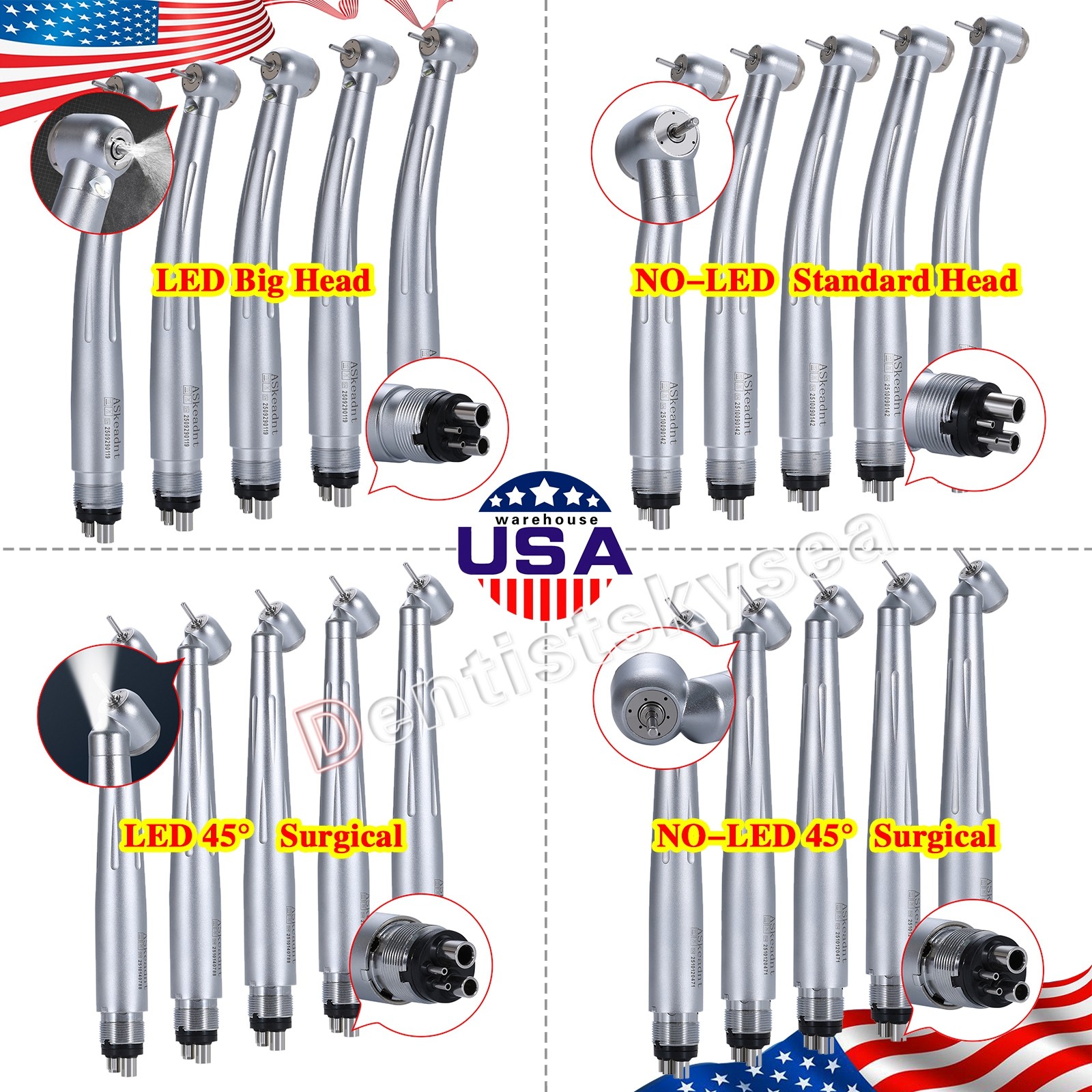 Dental LED 45° High Speed Handpiece Fiber Optic Turbine 4Holes/NO-LED Handpieces