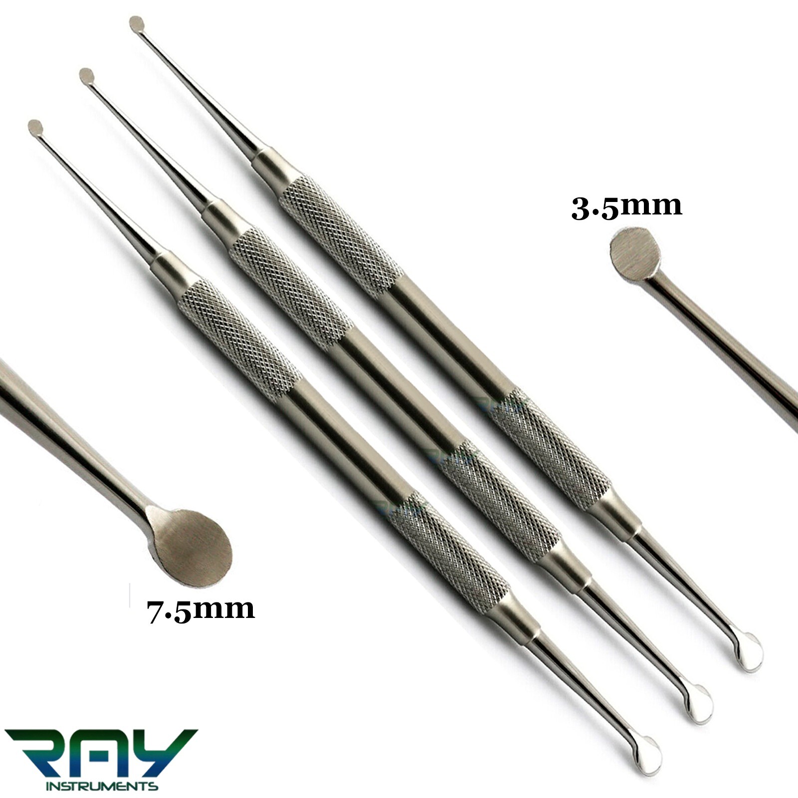 3Pcs Dental Molt #4 Periosteal Elevator Bone Curette Double Ended 3.5mm – 7.5mm