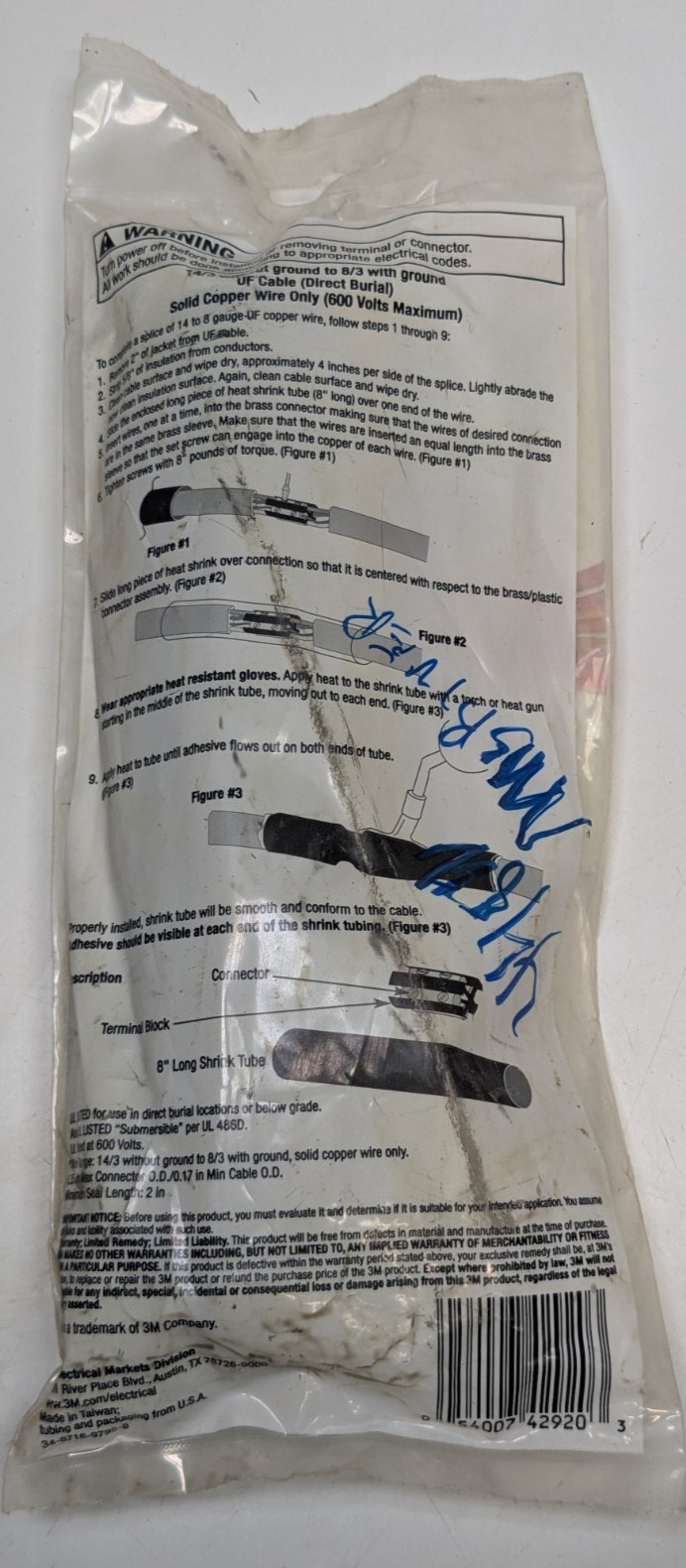 NOS – 3M UF1 Underground Splice Kit Standard 1.8” Connector – 14-8 AWG