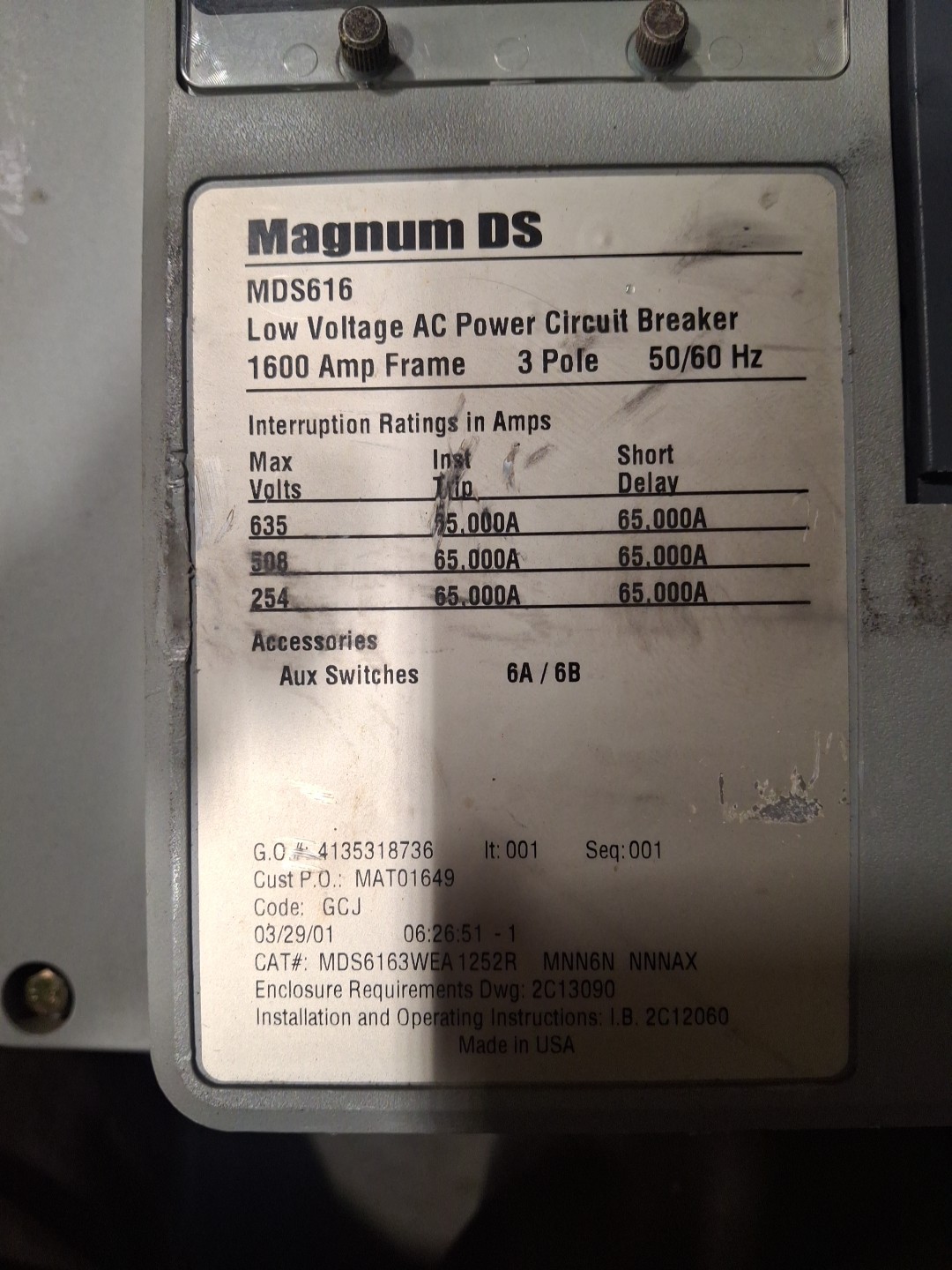 Eaton Magnum DS MDS616 Breaker (E/O,B/I) – 1200 Amp – Tested/1Yr Warranty