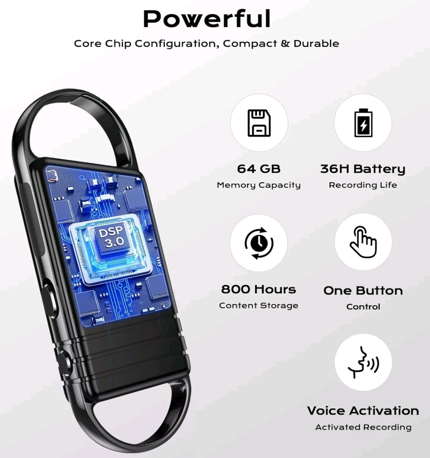 64GB Ai Voice Activated Recorder, DSP Sound Source Noise Reduction. Black