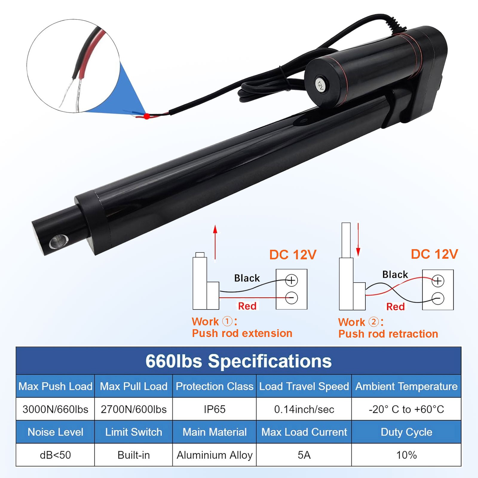 Electric Linear Actuator Motor 12V 24V 3000N 660lb 2″~ 40″ Heavy Duty Waterproof
