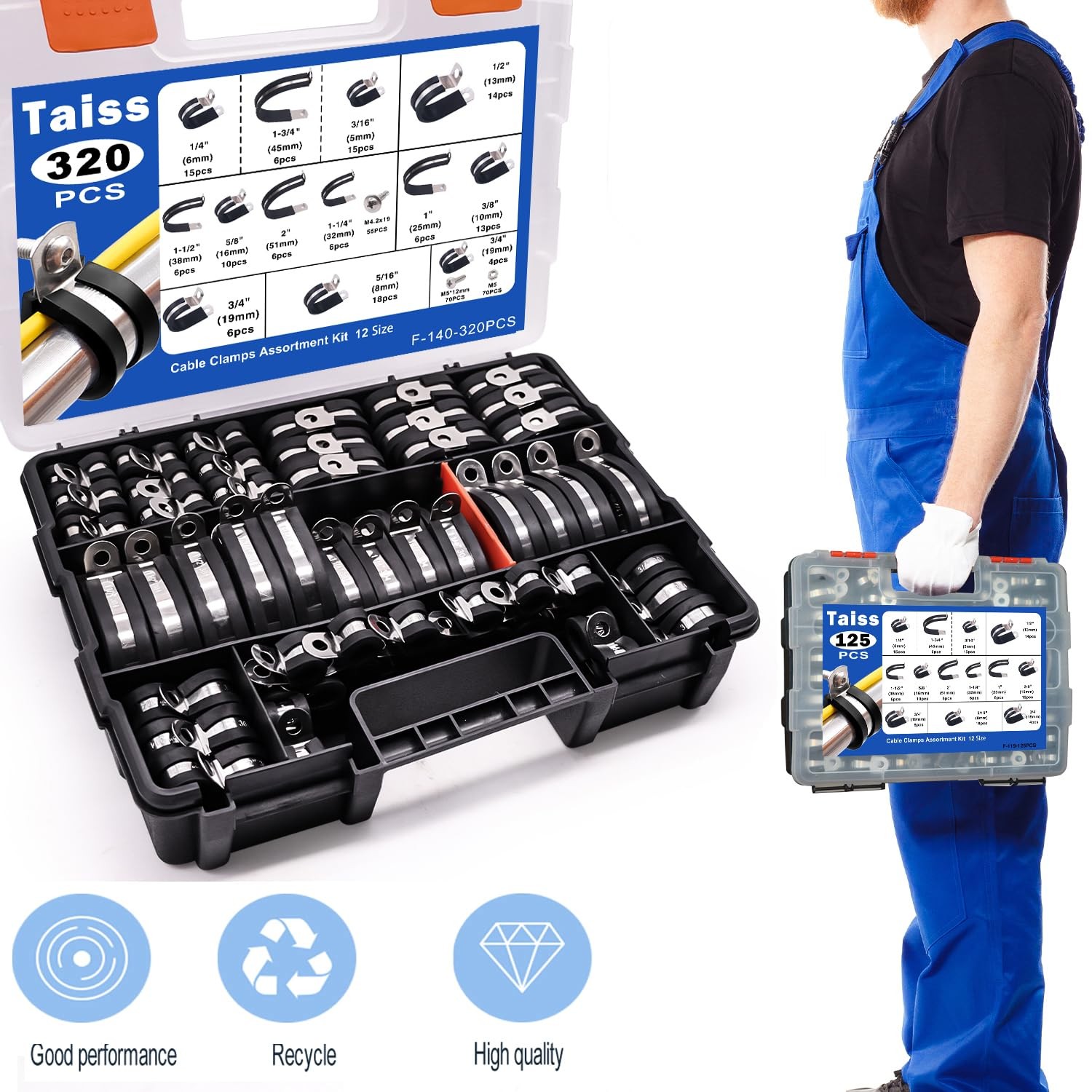 Taiss 320PCS Cable Clamps Assortment Kit 304 Stainless Steel Rubber Cushion