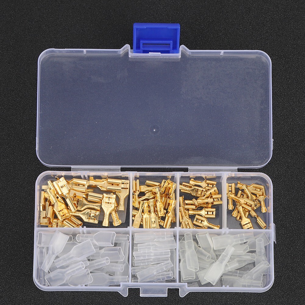 120Pcs 6.3mm 4.8mm 2.8mm Gold Copper Wire Terminal Connector Kit With Sleeve