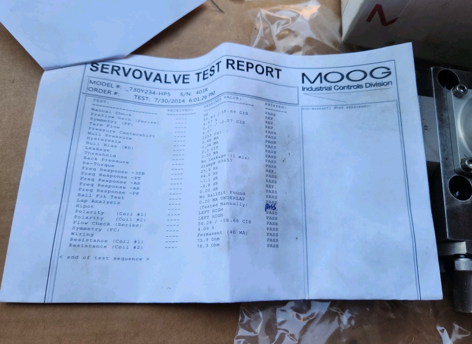 MOOG -730Y-234-HP5 SERVO VALVE WITH TEST REPORT