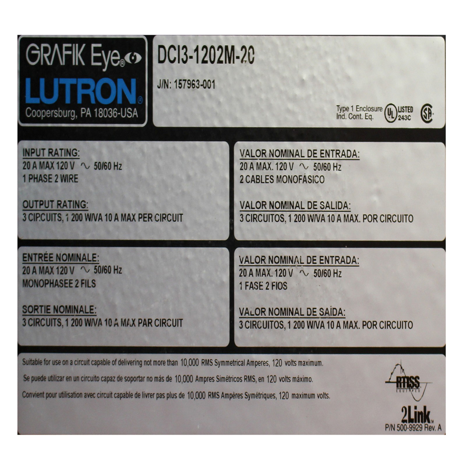 LUTRON DCI3-1202M-20 DCI GRAFIK EYE DIMMING PANEL, MRI GRADE, 3 MODULE, RFI