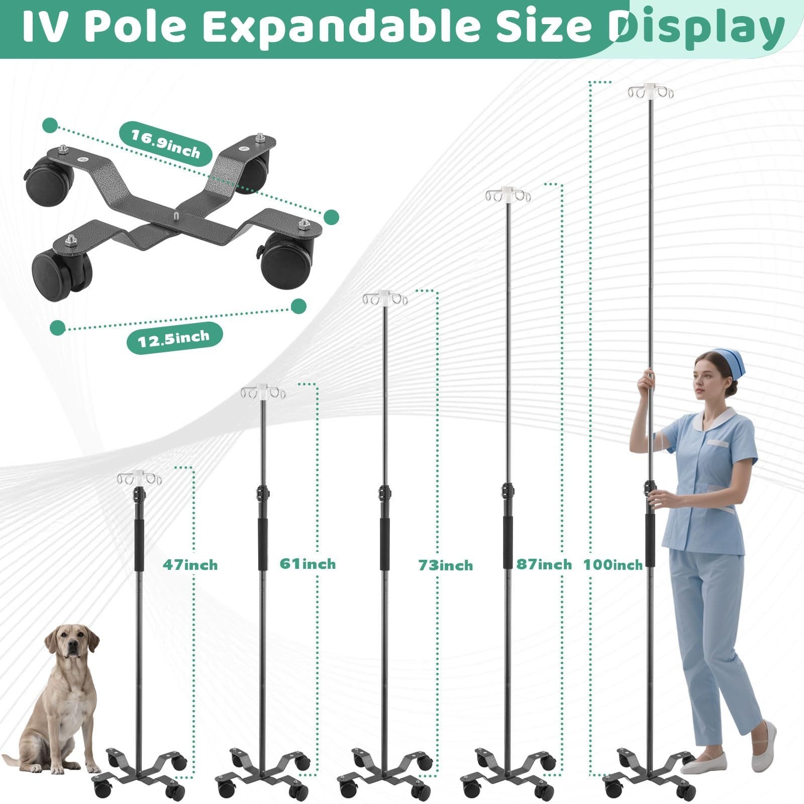 Portable IV Pole with Wheels, Adjustable 47-100″ Height, 4 Hooks, Stainless Stee