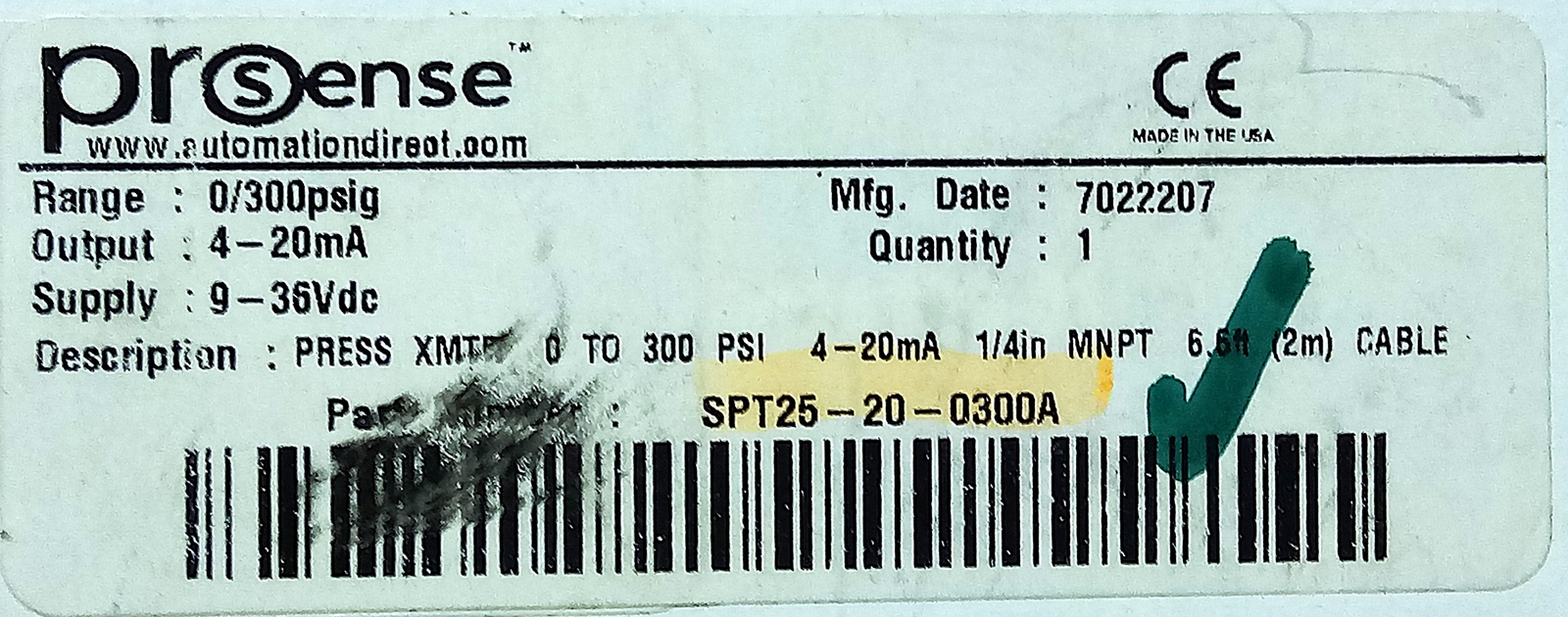 AutomationDirect SPT25-20-0300A PROSense 9-36 V DC 0-300 psi Pressure Transducer