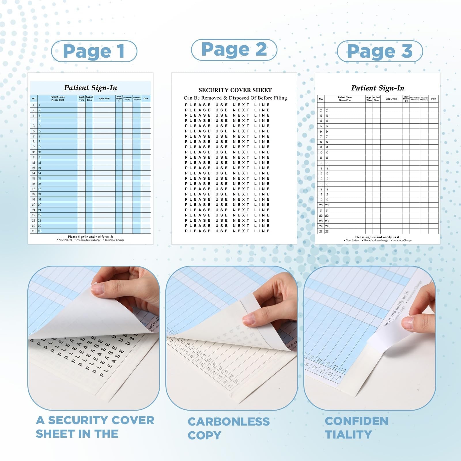 150 Pack Carbonless Patient Sign-In Sheets 3-Part HIPAA Compliant Labels 8.5×11