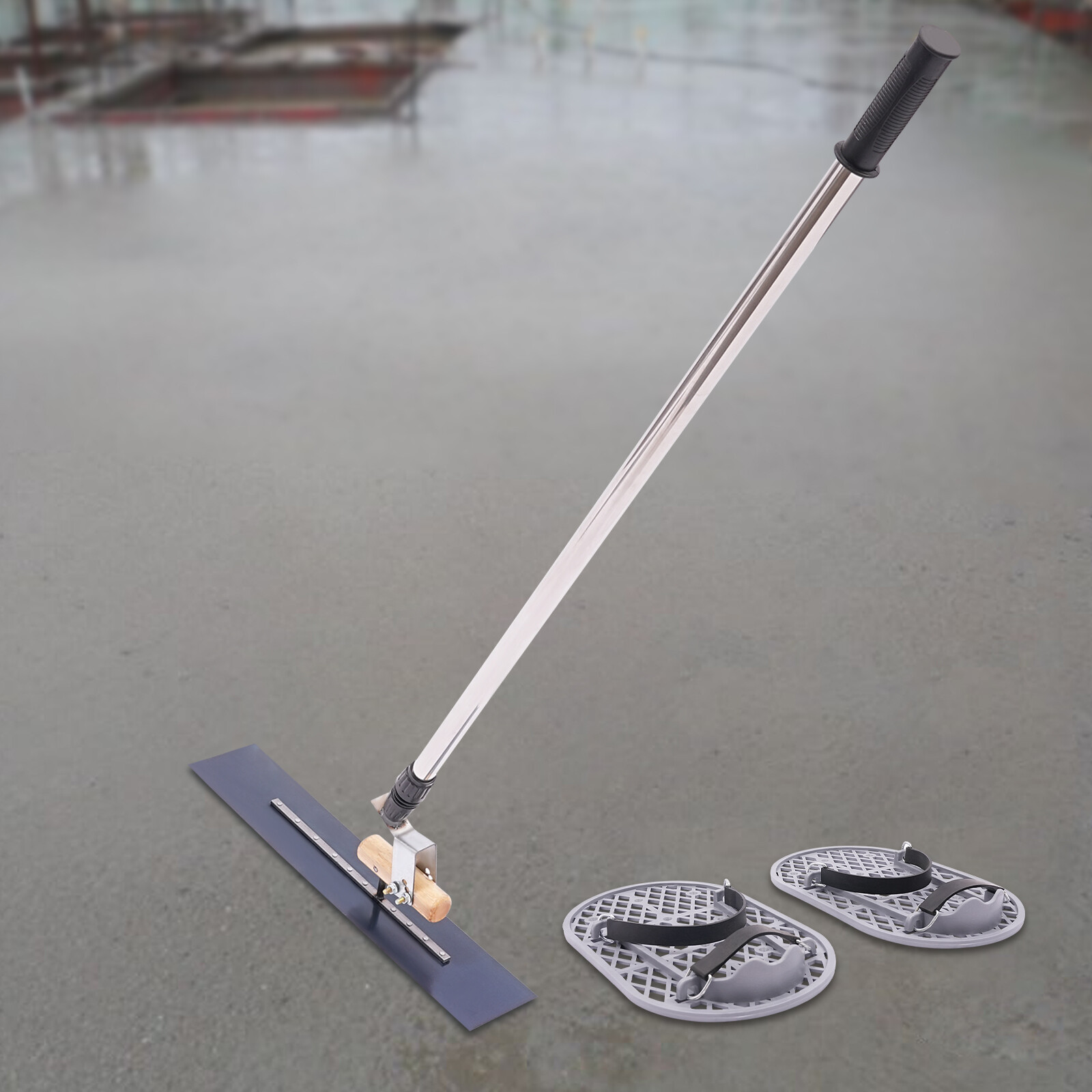 Long Handle Concrete Trowel Cement Surface Smoothing Tool w/ Finishing Shoes NEW