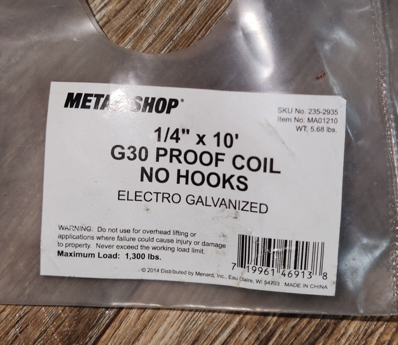 1/4″ x 10′ G30 Proof Coil No Hooks – Metal Shop MA01210 1/4″ Proof