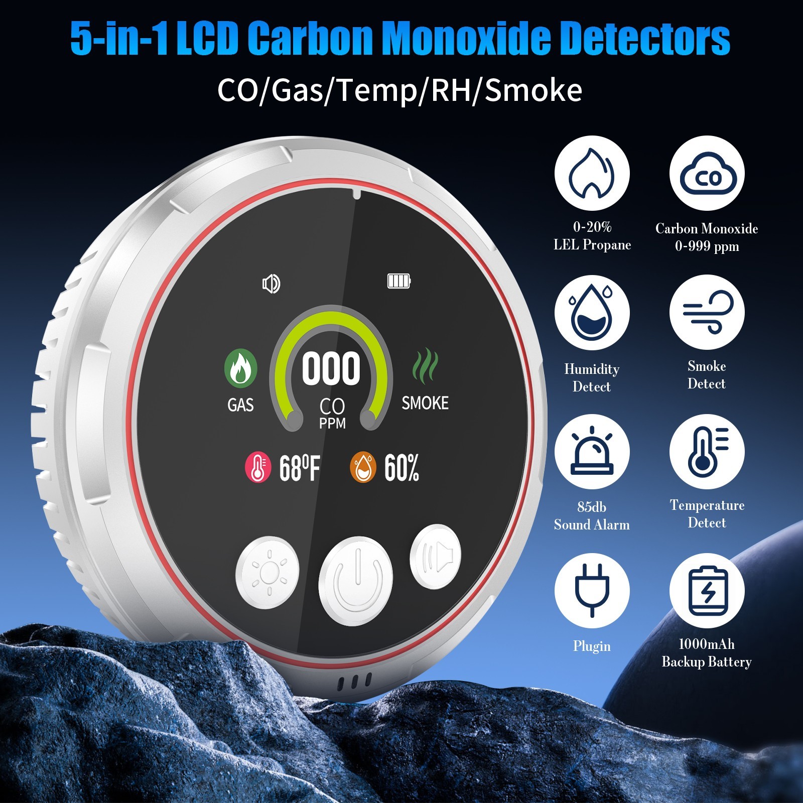 5-in-1 Multi Sensor Air Monitor Plug-in Alarm with LCD Display for Home RV