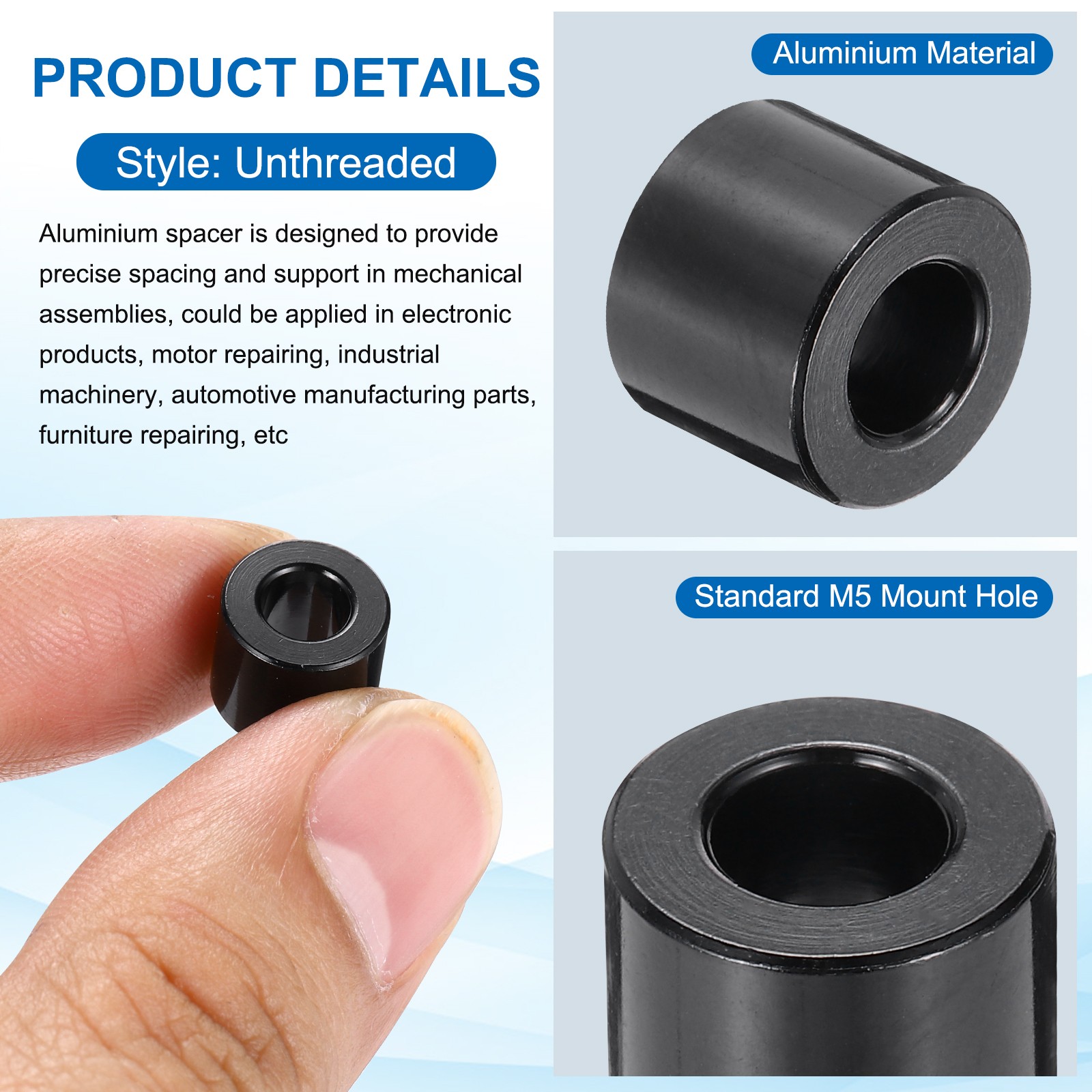 Aluminium Spacer, M5 3/16″ ID x 3/8″ OD x 5/16″ L, (Pack of 4)