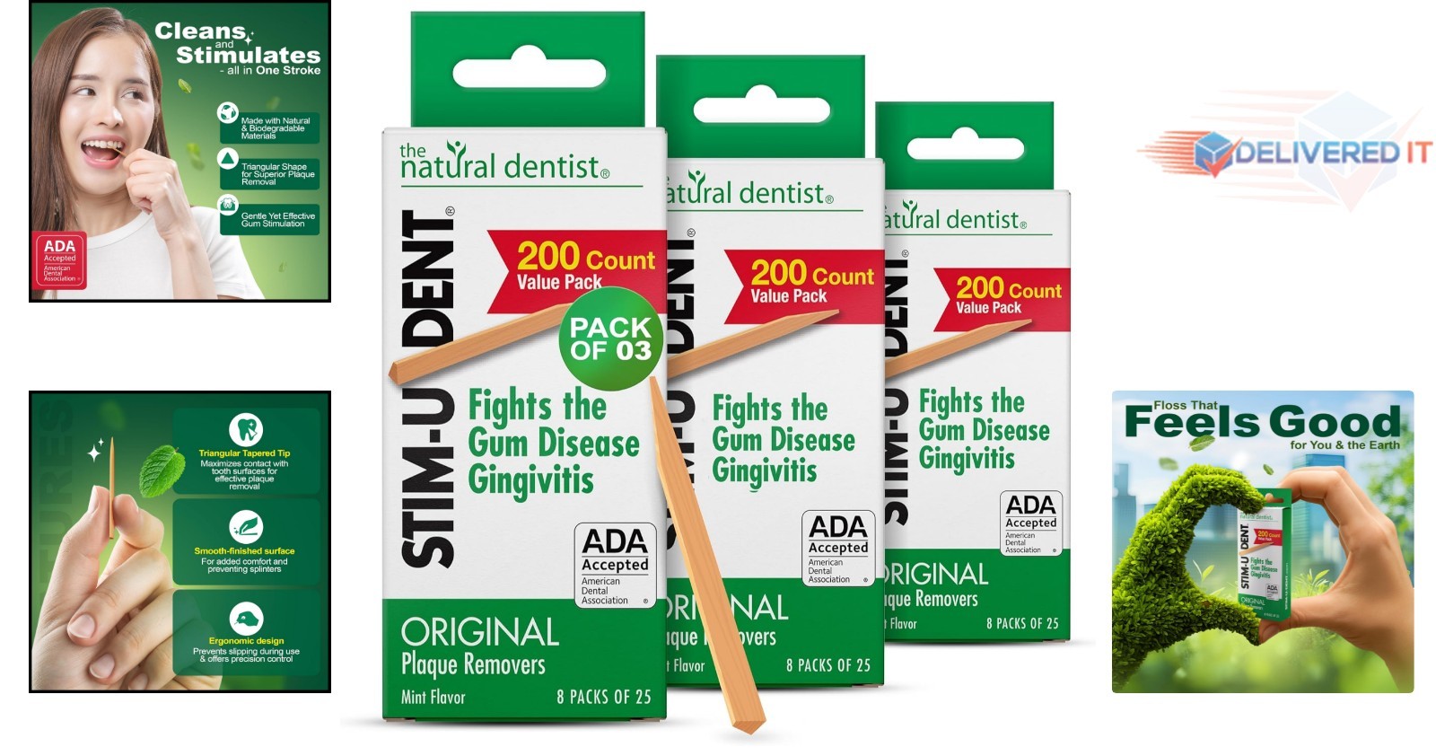 Stim-U-Dent Wooden Dental Picks Mint Flavor Travel Packs of 600 for Plaque Re…