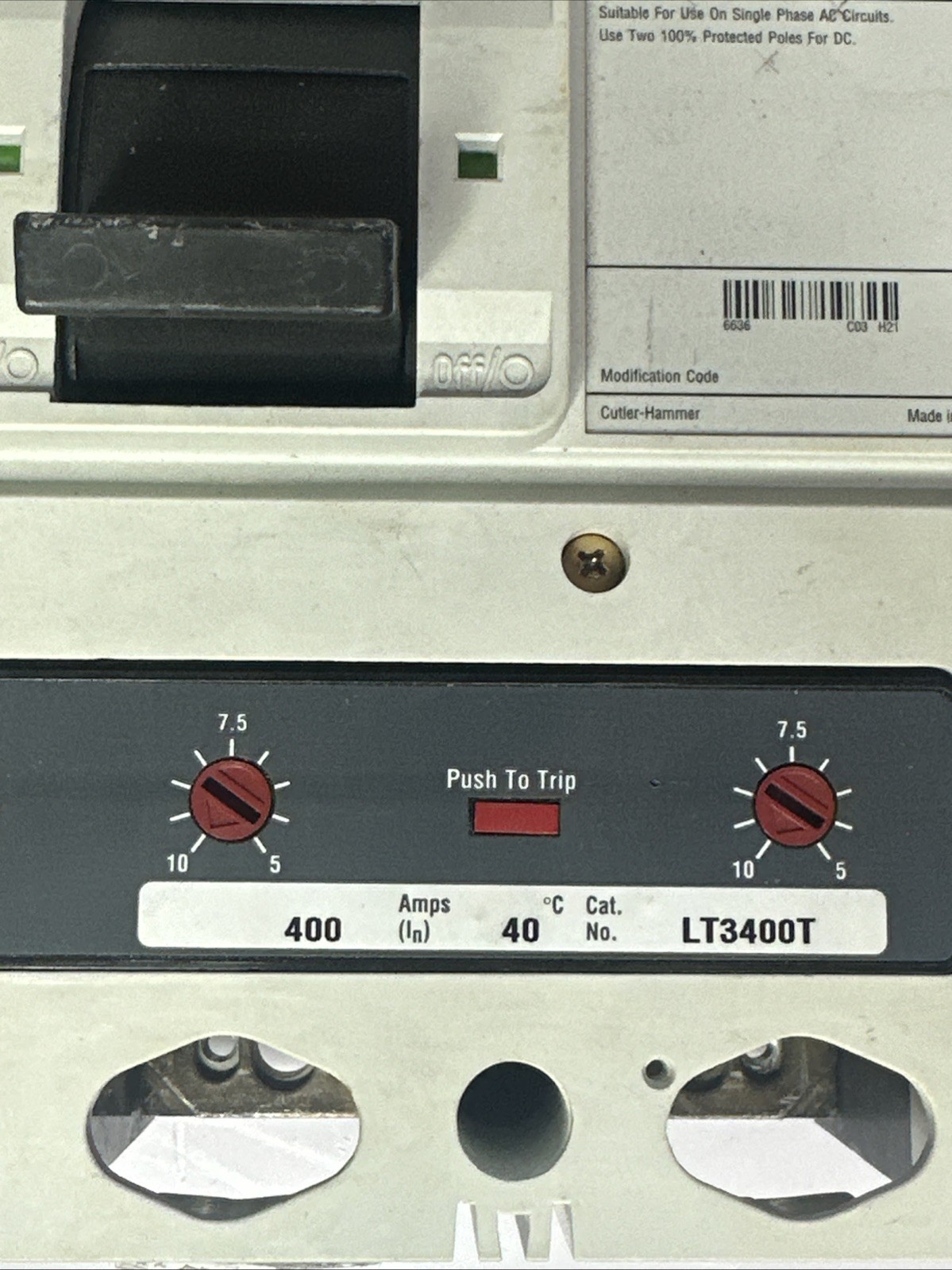Cutler-Hammer HLD3600F W/LT3400T 3-pole 400Amp Circuit Breaker