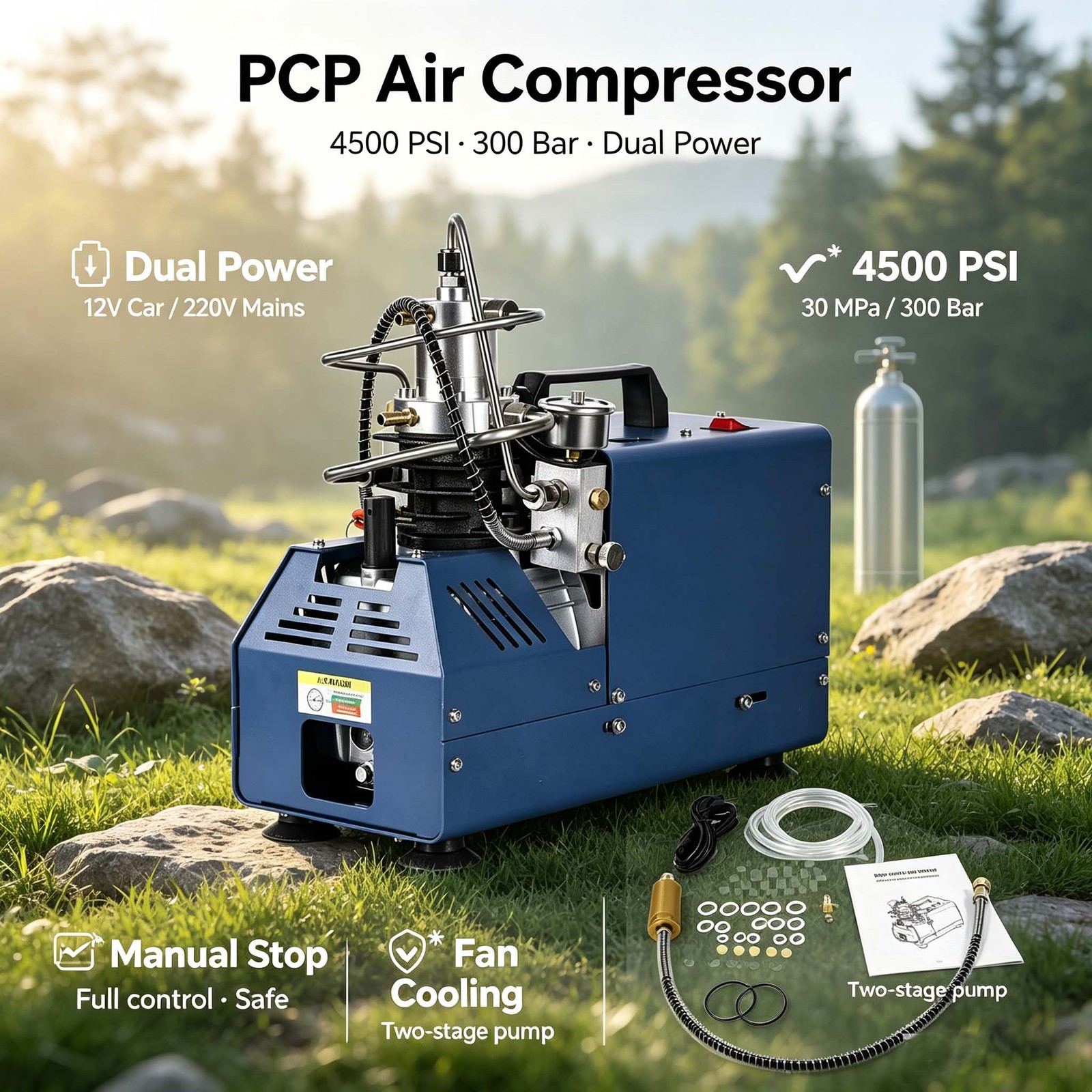 PCP Air Compressor 30Mpa/4500Psi Auto-Stop High Pressure Airgun Pump Diving Tank
