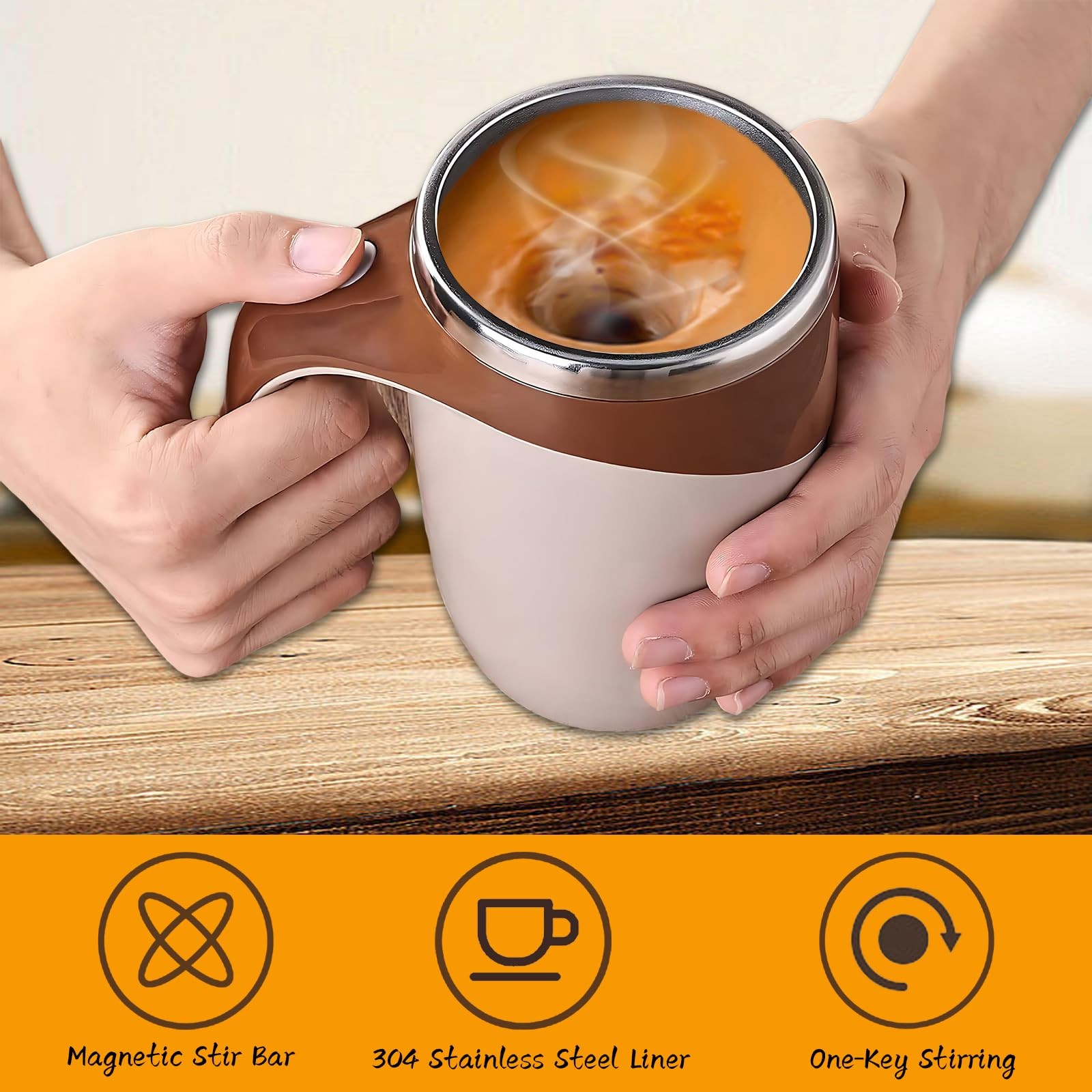 FOXNSK Automatic Magnetic Stirring Coffee Mug, 12.8 Ounces, F-battery Brown