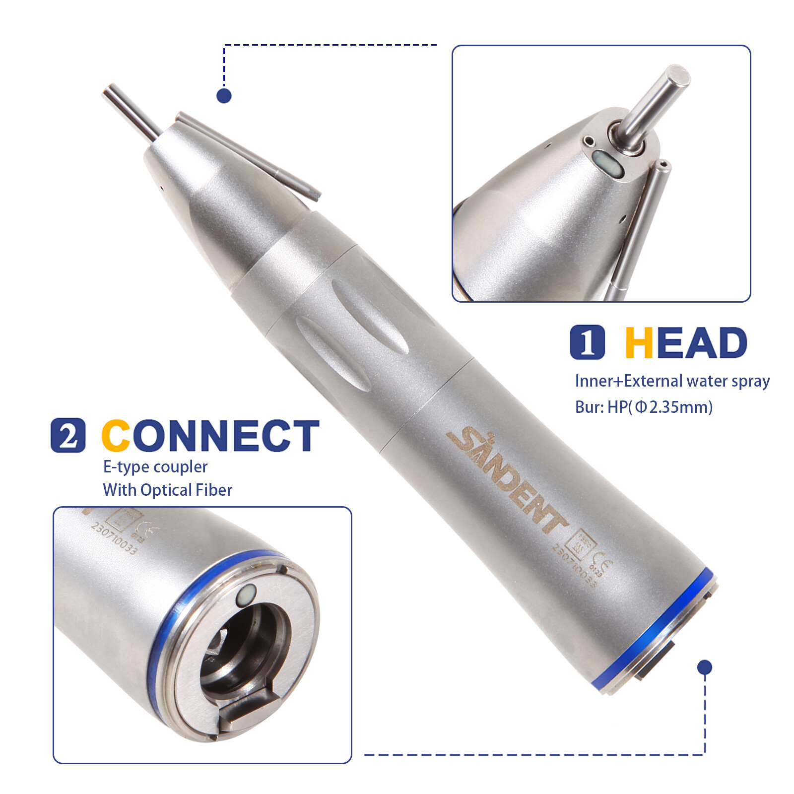 Dental Surgical Straight Handpiece 1:1 Implant Cone Nose Fiber Optic SANDENT