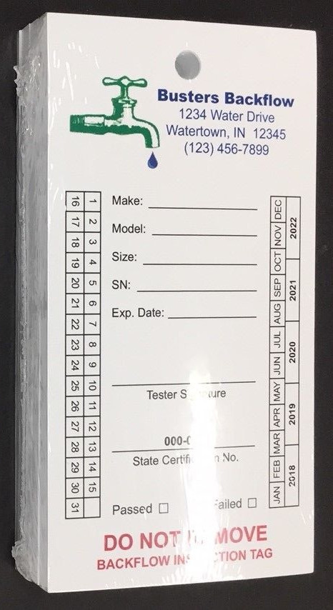 Backflow Inspection Tags – Custom Print – Waterproof – UV Resistant (Pkg of 100)