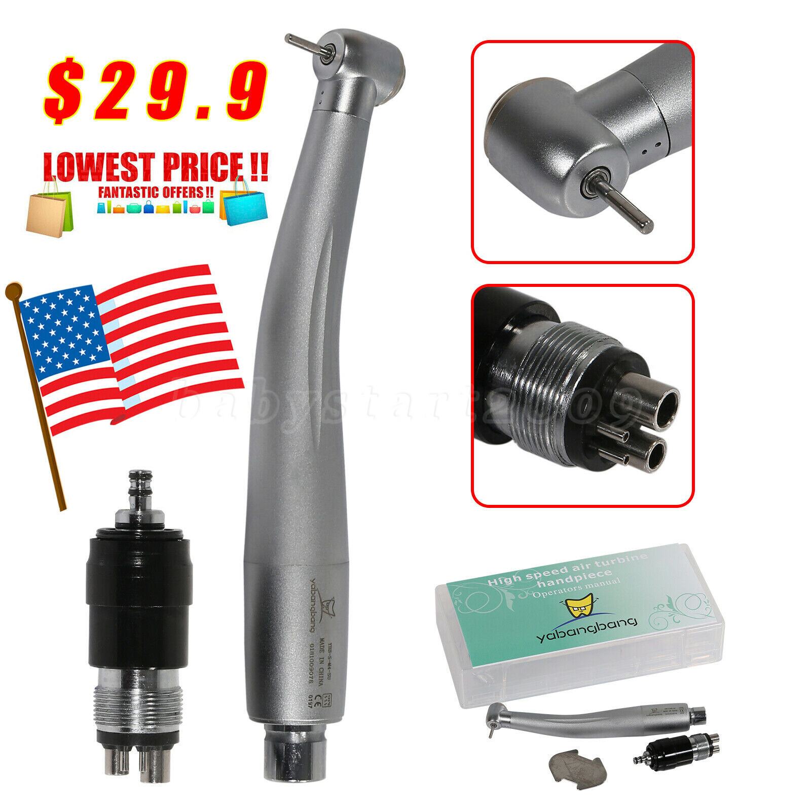 NSK Style Dental High Speed Turbine Handpiece Push Button w/ 4Hole Coupler YBNKM