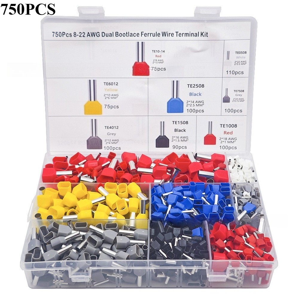 750Pcs Twin Wire Insulated Cord End Terminal Kit Bootlace Ferrules Assortment