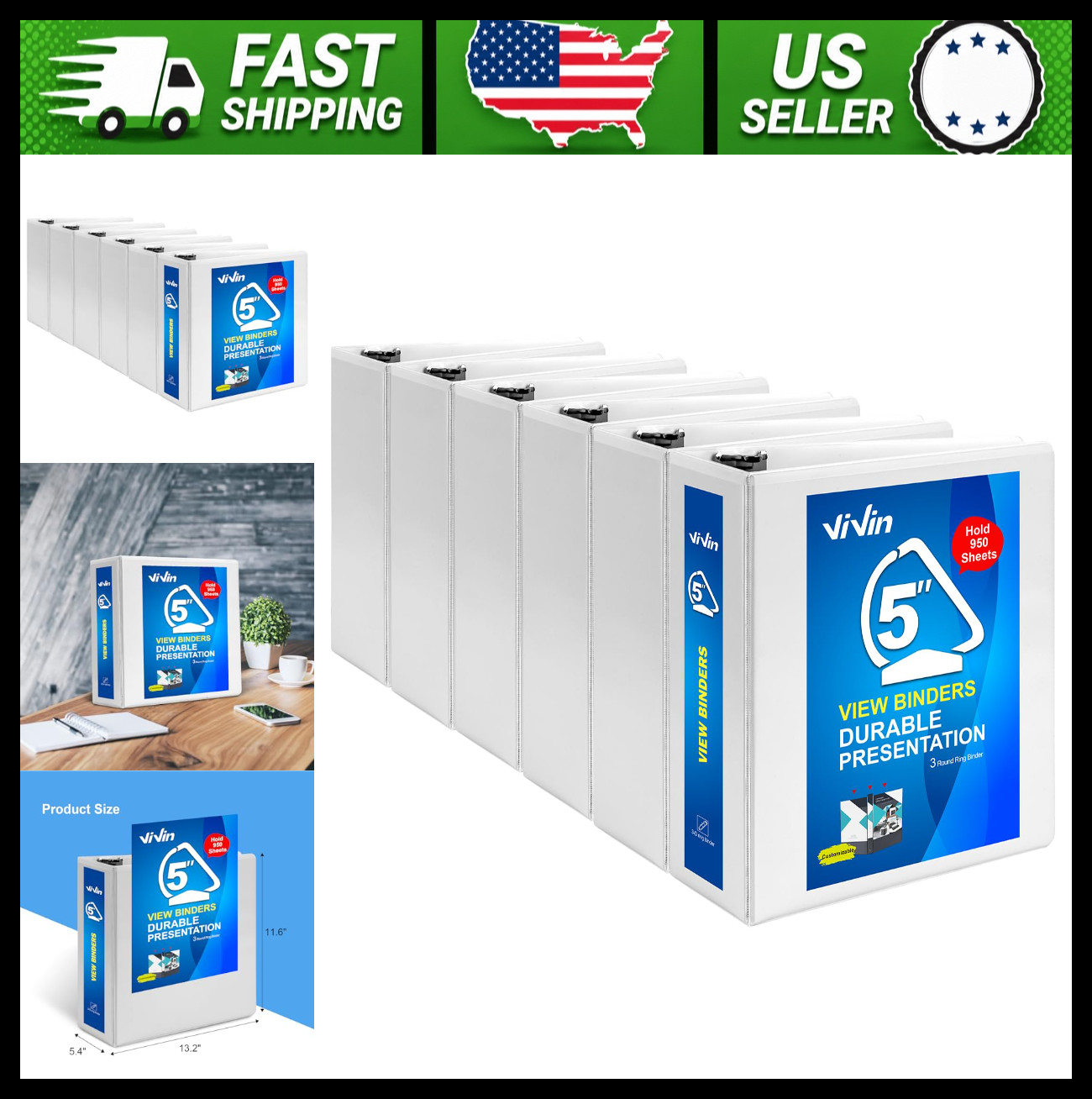 ViVin 5in D-Ring View Binder 950-Sheet Capacity 8.5 x 11 White 6 Pack