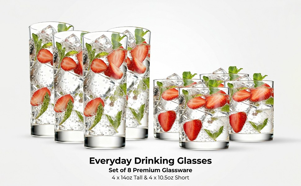Everyday Drinking Glasses Set of 8, 14oz Tall Glass Cups & 10.5oz Short Dof