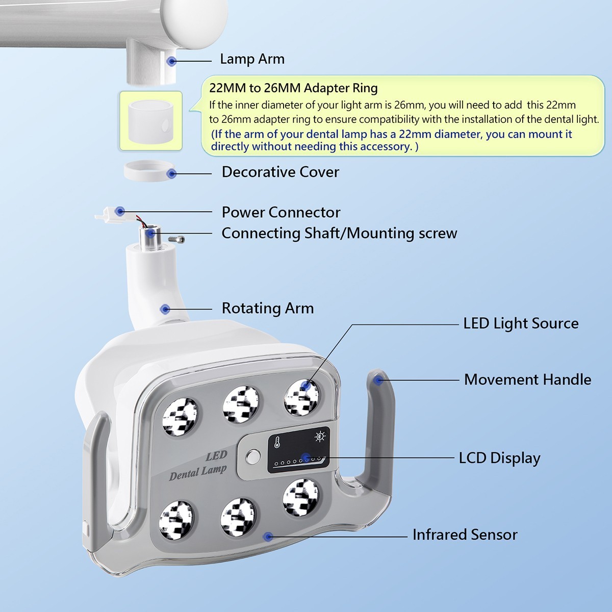 9W Dental 6 LED Lamp Oral Light Lamp For Unit Chair with LCD Display P116 700mm