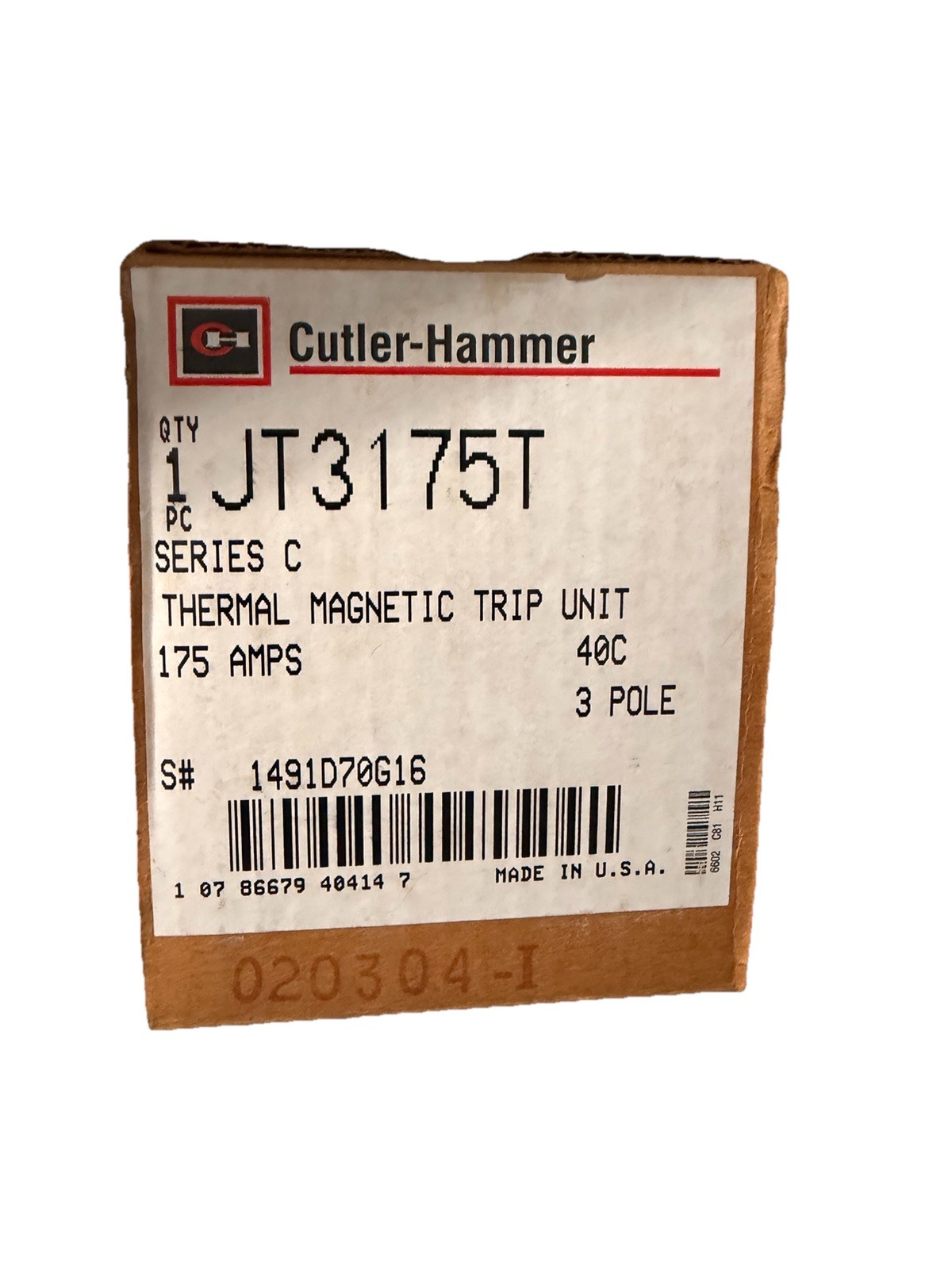 Cutler Hammer JT3175T Thermal Magnetic Circuit Breaker Trip Unit 175Amp