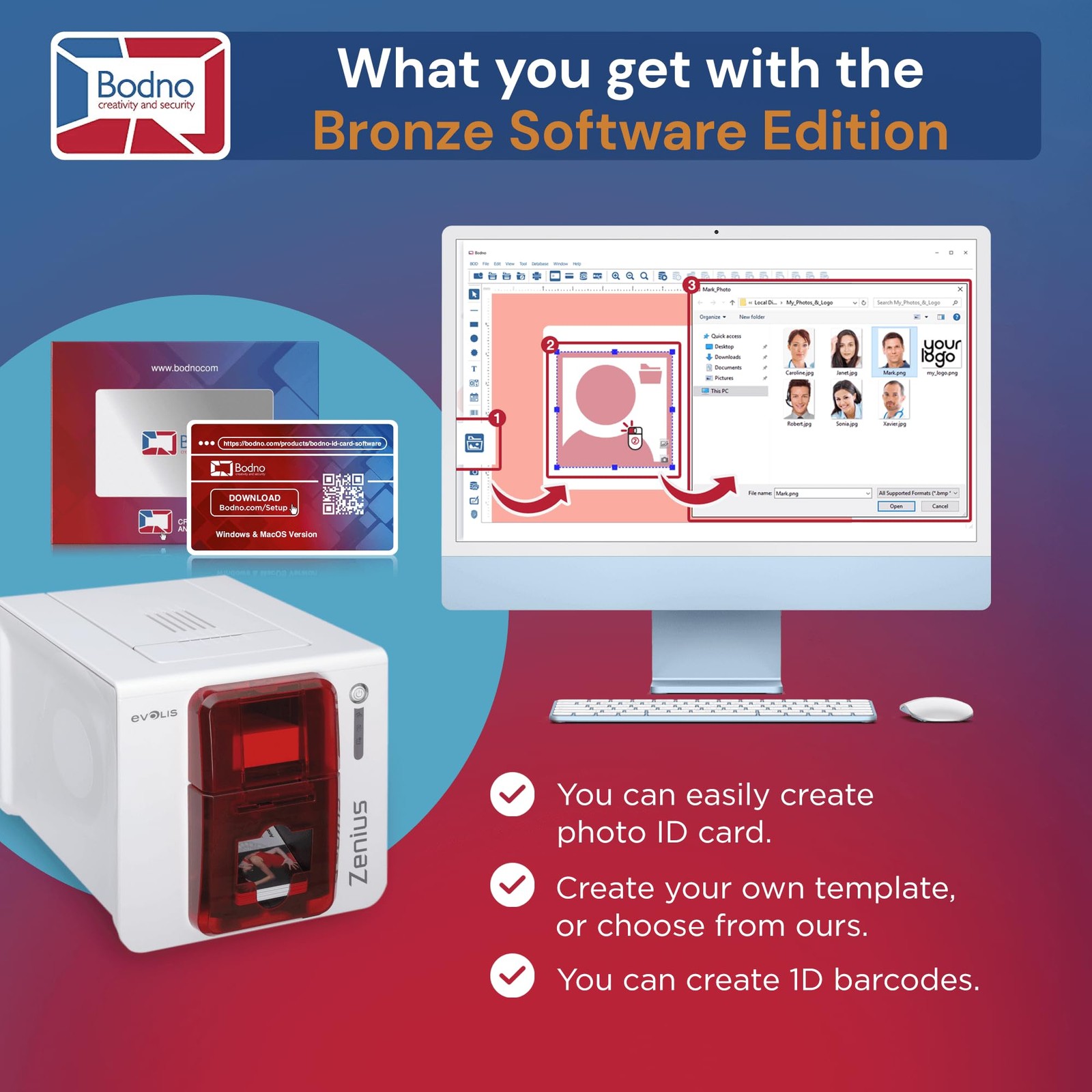 Bodno Evolis Zenius Single Sided ID Card Printer Complete Supplies Package Bronz