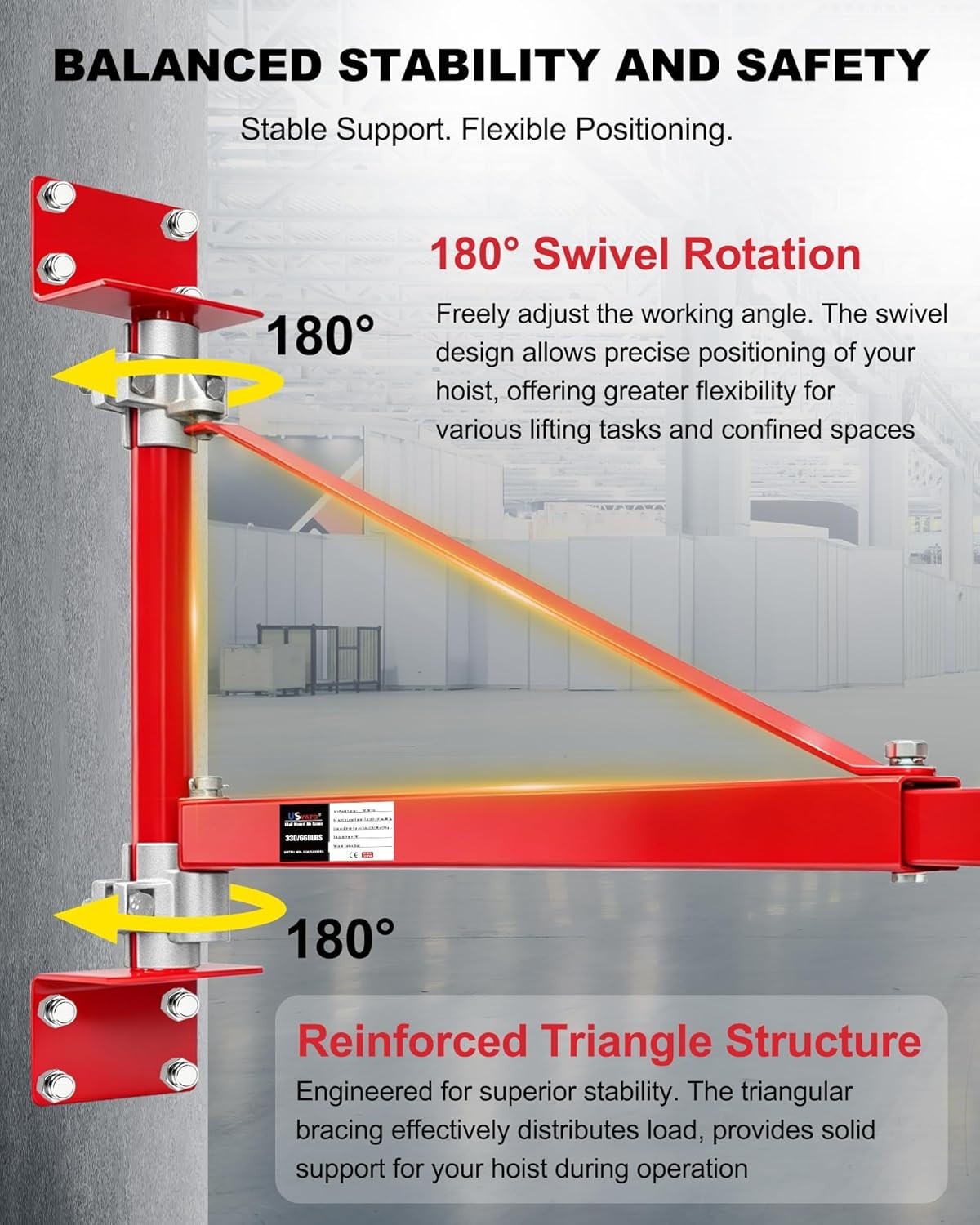 Wall Mount Jib Crane, 1320 lbs Electric Hoist Holder Swing Arm