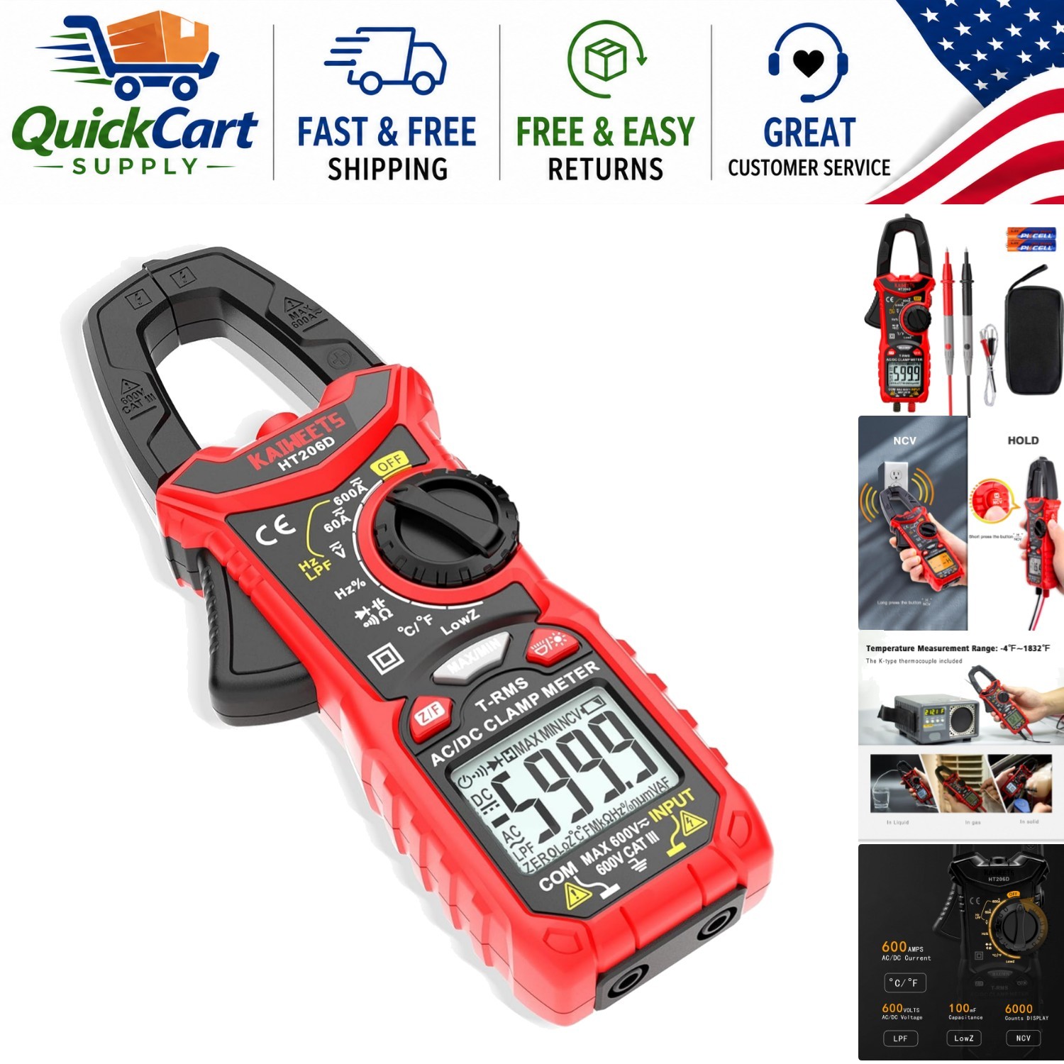 Professional Digital Clamp Meter with Two-Color Backlit LCD and Multi-Functions