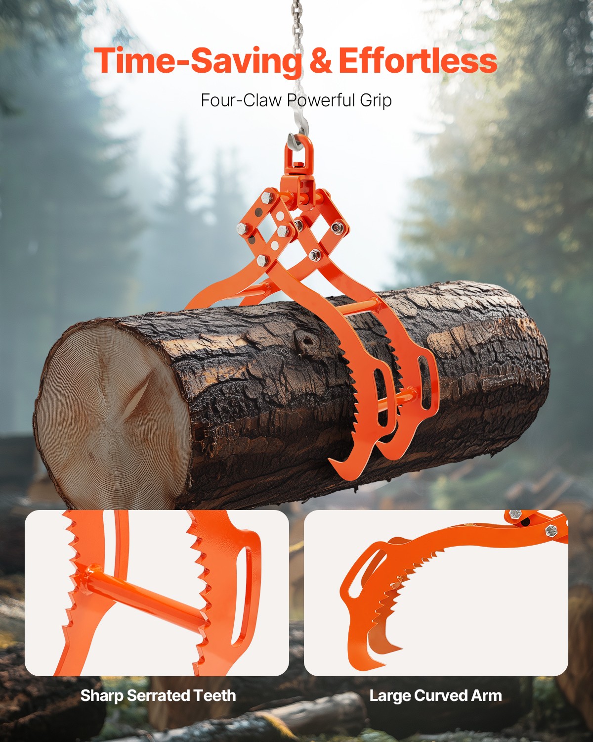VEVOR 28in Log Lifting Tongs 4 Claw Solid Steel Log Grapple Swivel Log Tools