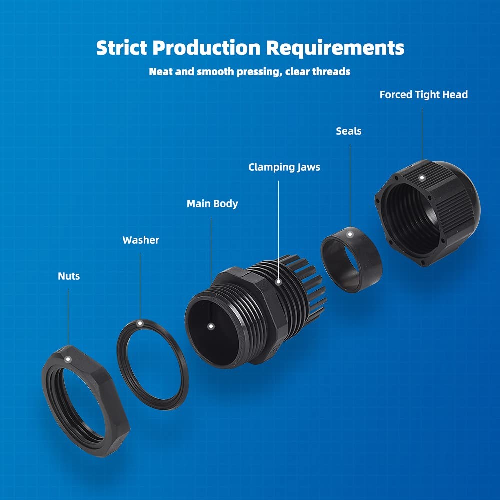 Cable Gland 20 Pack PG7 Waterproof Adjustable Connectors 3-7mm Nylon Joints