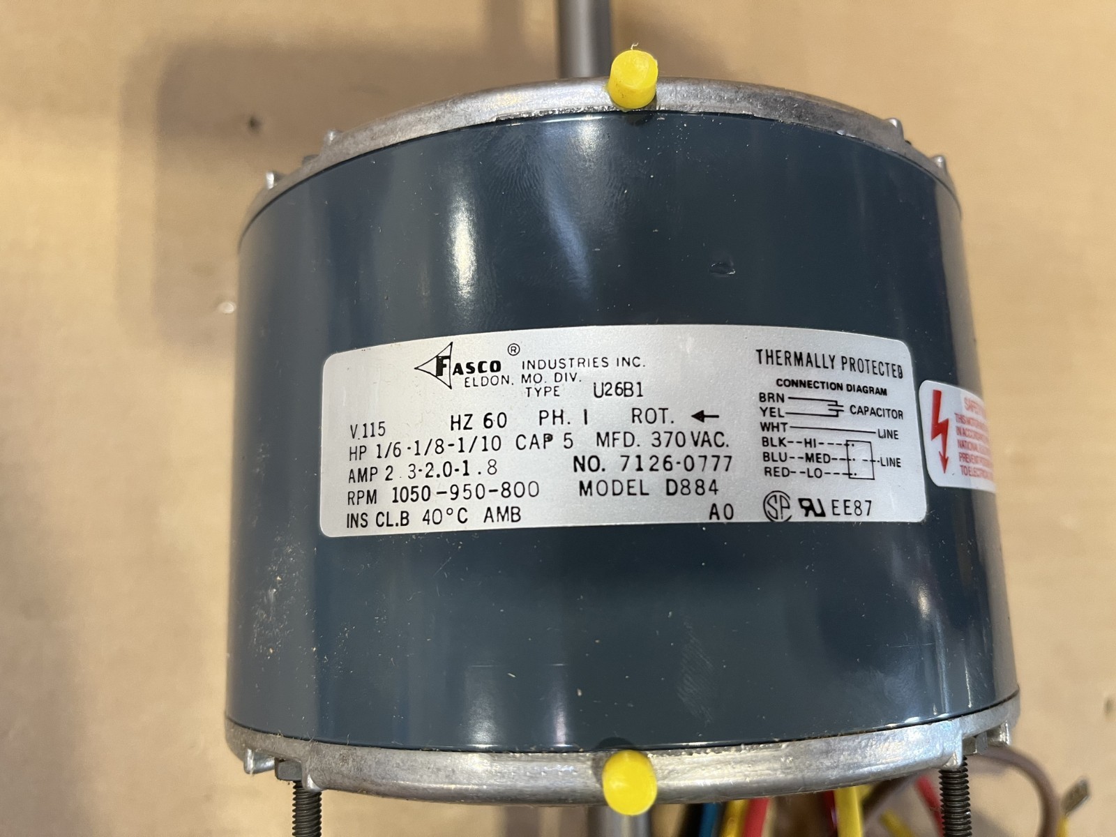 Fasco D884 Permanent Split Capacitor Motor 1/6 1/8 1/10 HP 1050 950 800 RPM 115V