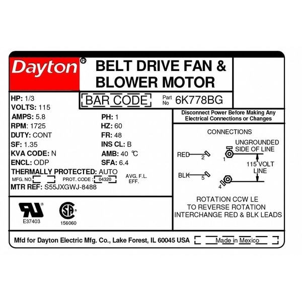Dayton 6K778 Split-Phase Belt Drive Motor, 1/3 Hp, 48 Frame, 115V Ac Voltage,