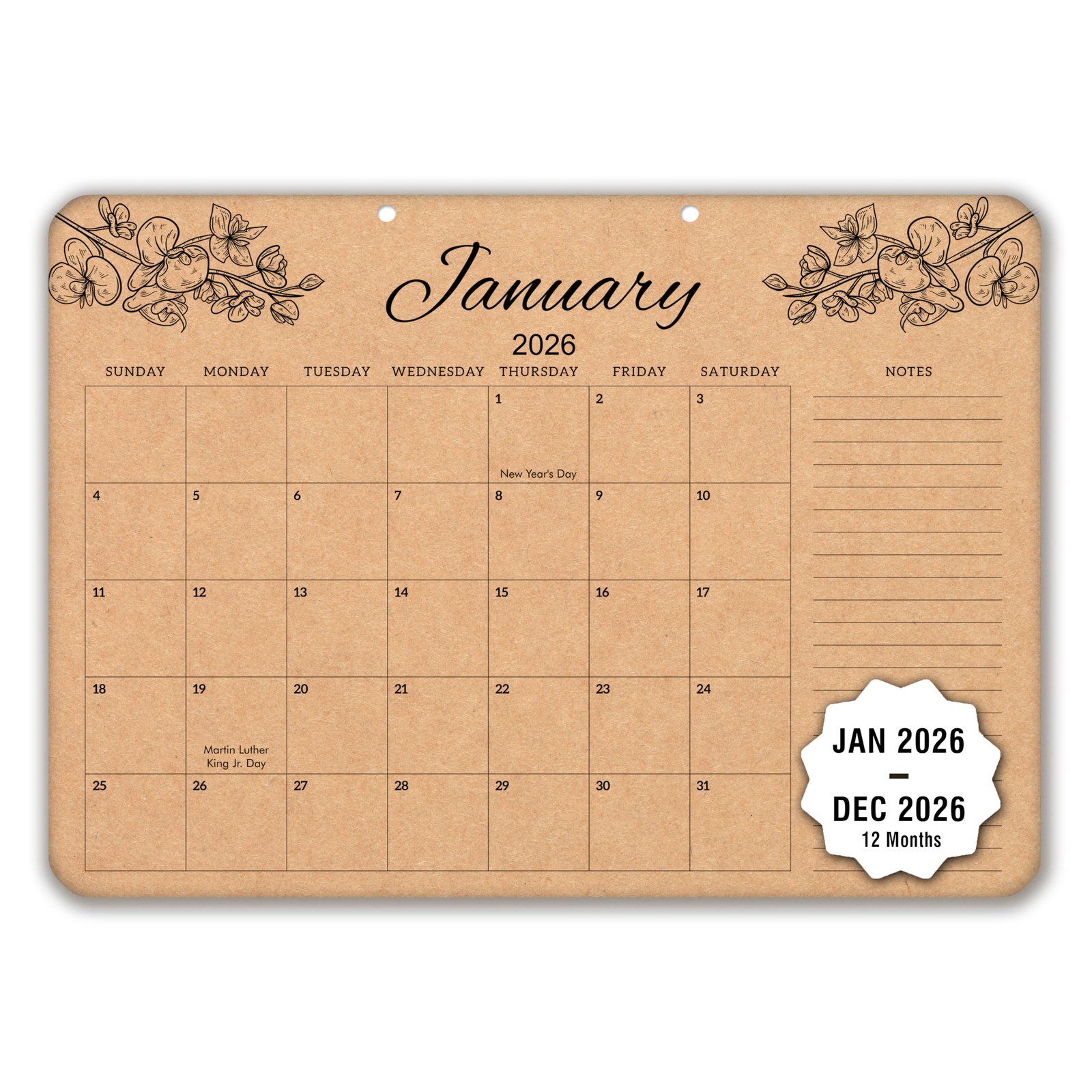 mudrit Desk Calendar 2026, 12 Months Large runs from Large, Brown