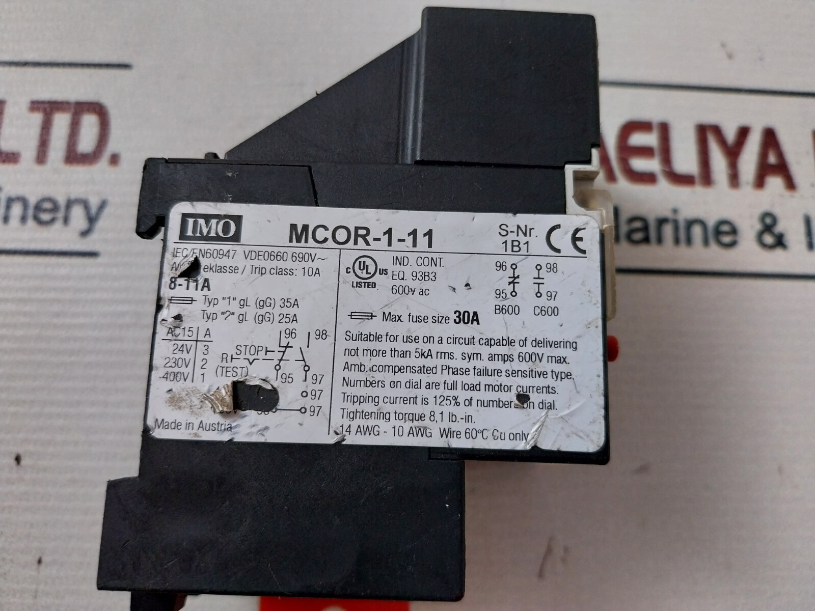IMO MCOR-1-11 Thermal Overload Relay S-NR 1B1 600VAC 8-11A 690V